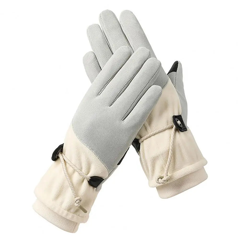 A pair of women's winter gloves, fleece lined and windproof, featuring touch screen compatible fingers and a non-slip palm for enhanced grip.