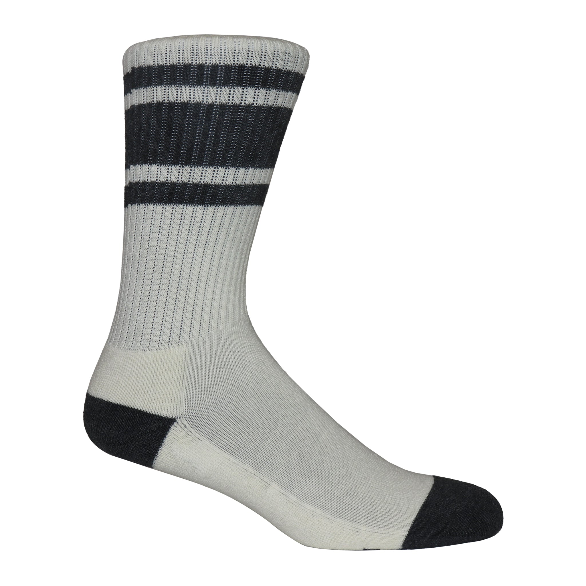 A pair of 3 Stripe Crew Socks in charcoal and ivory, showcasing a stylish three-stripe design.