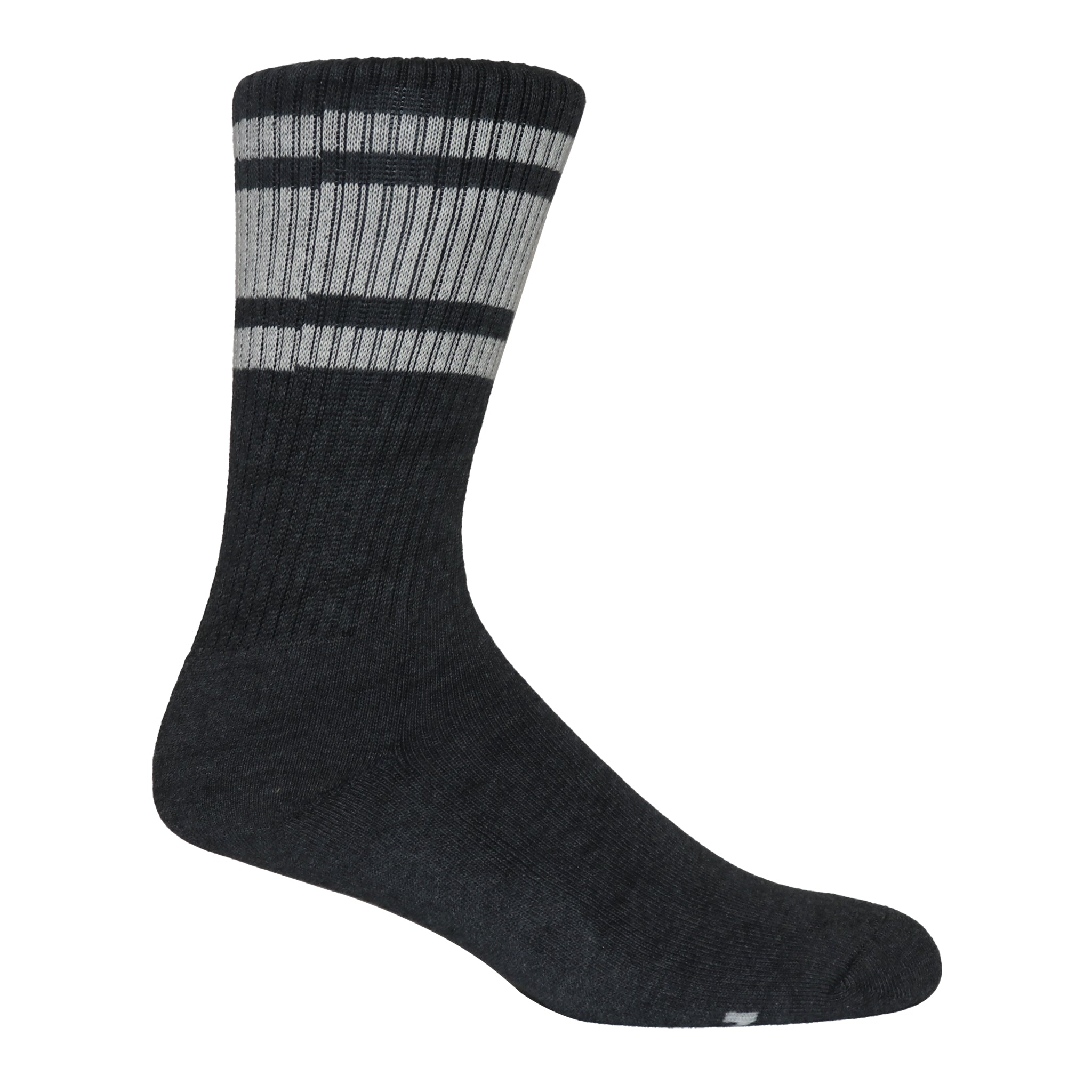 A pair of 3 Stripe Crew Socks in charcoal and ivory, showcasing a stylish three-stripe design.