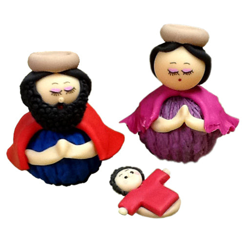 3-Piece Marzipan Nativity set featuring intricately crafted figures made from almond paste and walnut bases, showcasing artisan craftsmanship.