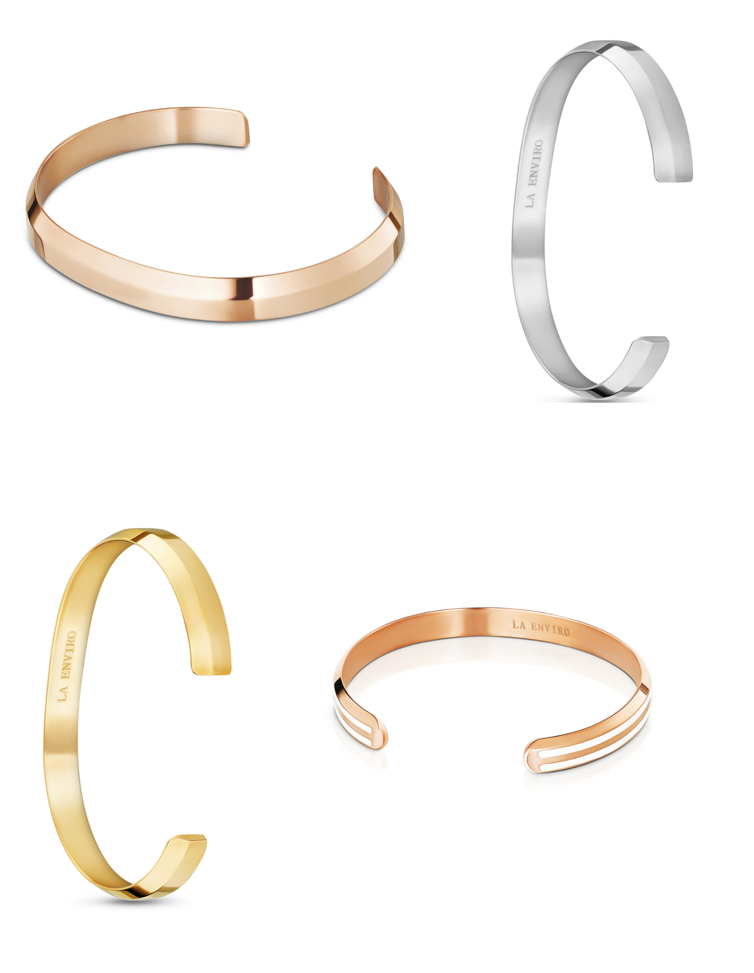 A stylish gift set featuring four premium unisex classic bracelets in rose gold, gold, silver, and rose gold & white, showcasing their minimalist design.