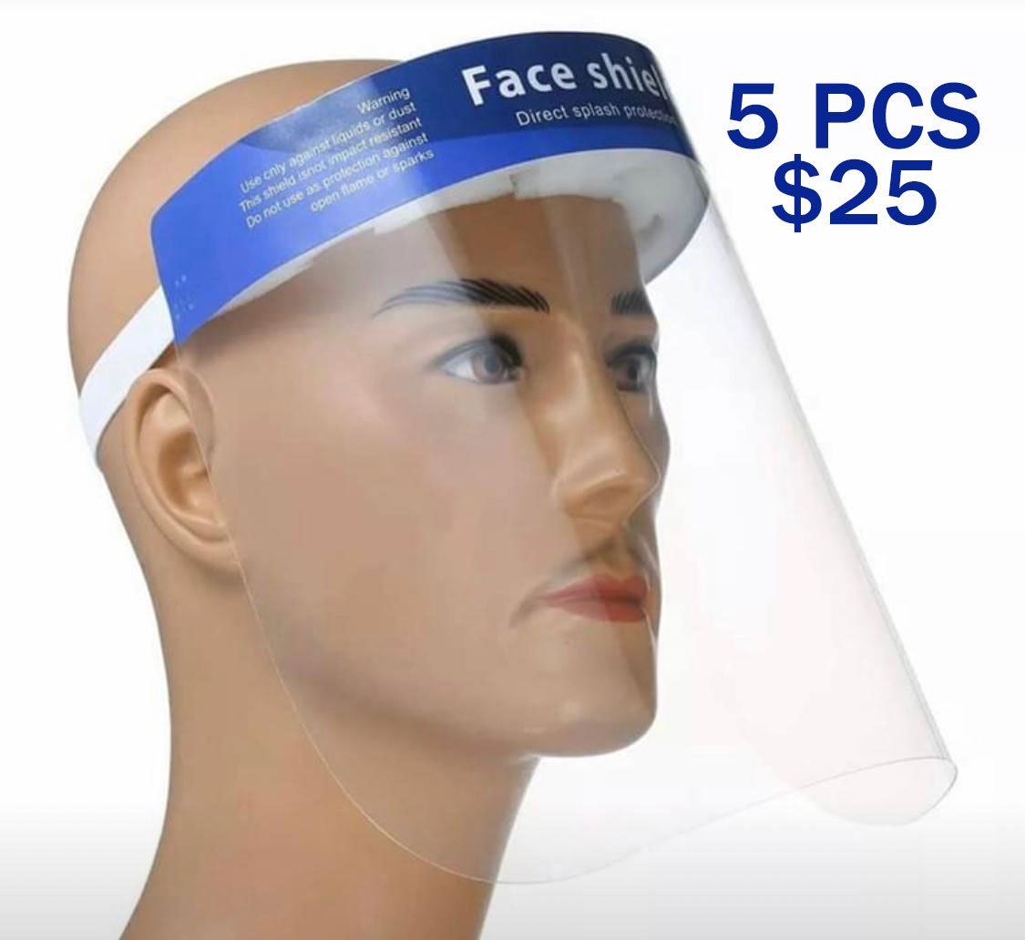 5 Pcs Face Shield featuring double-sided anti-fog design, lightweight material, and comfortable sponge padding for full-face protection.