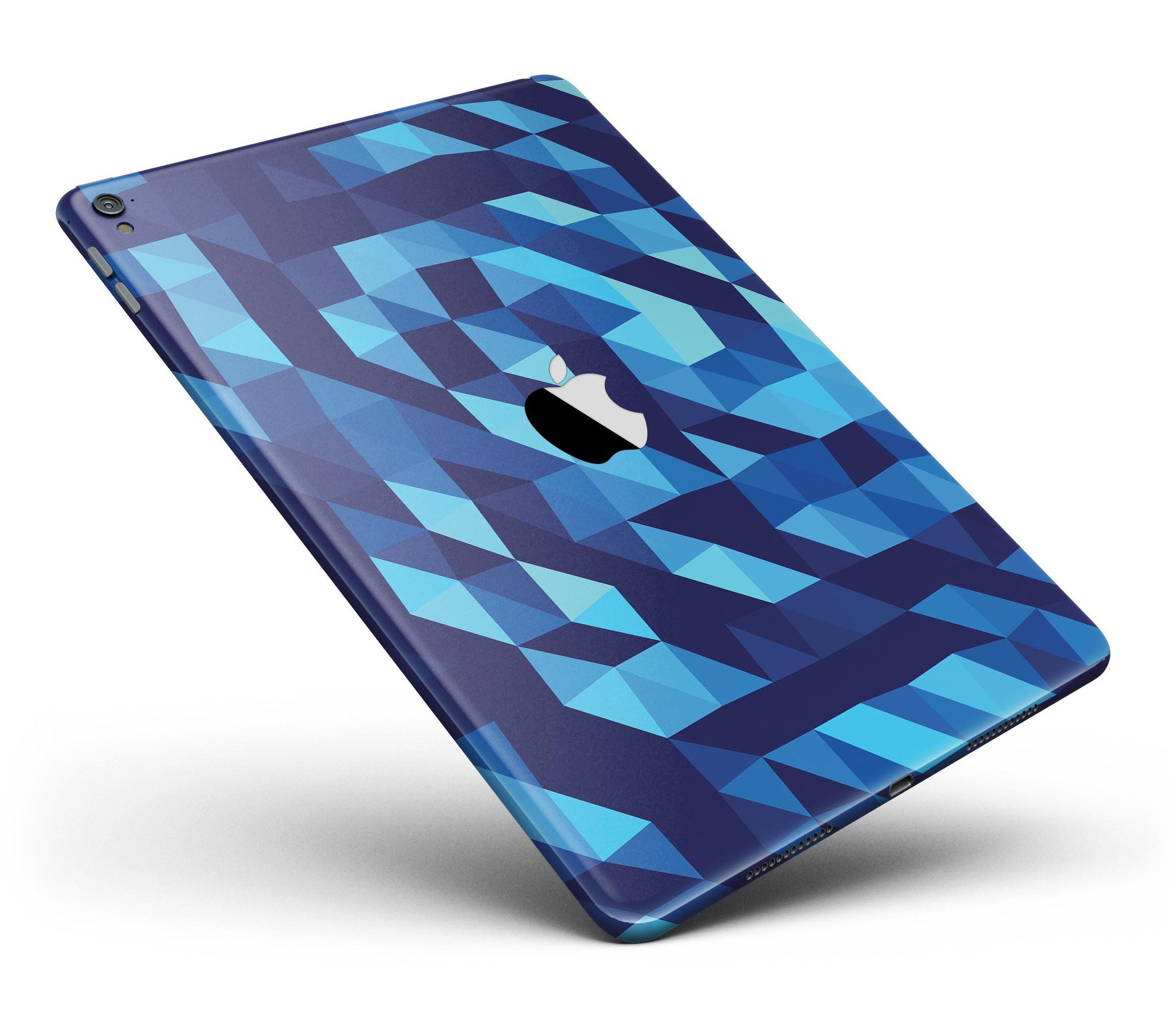 50 Shades of Blue Geometric Triangles Full Body Skin for iPad Pro, showcasing vibrant blue geometric patterns on a sleek device.