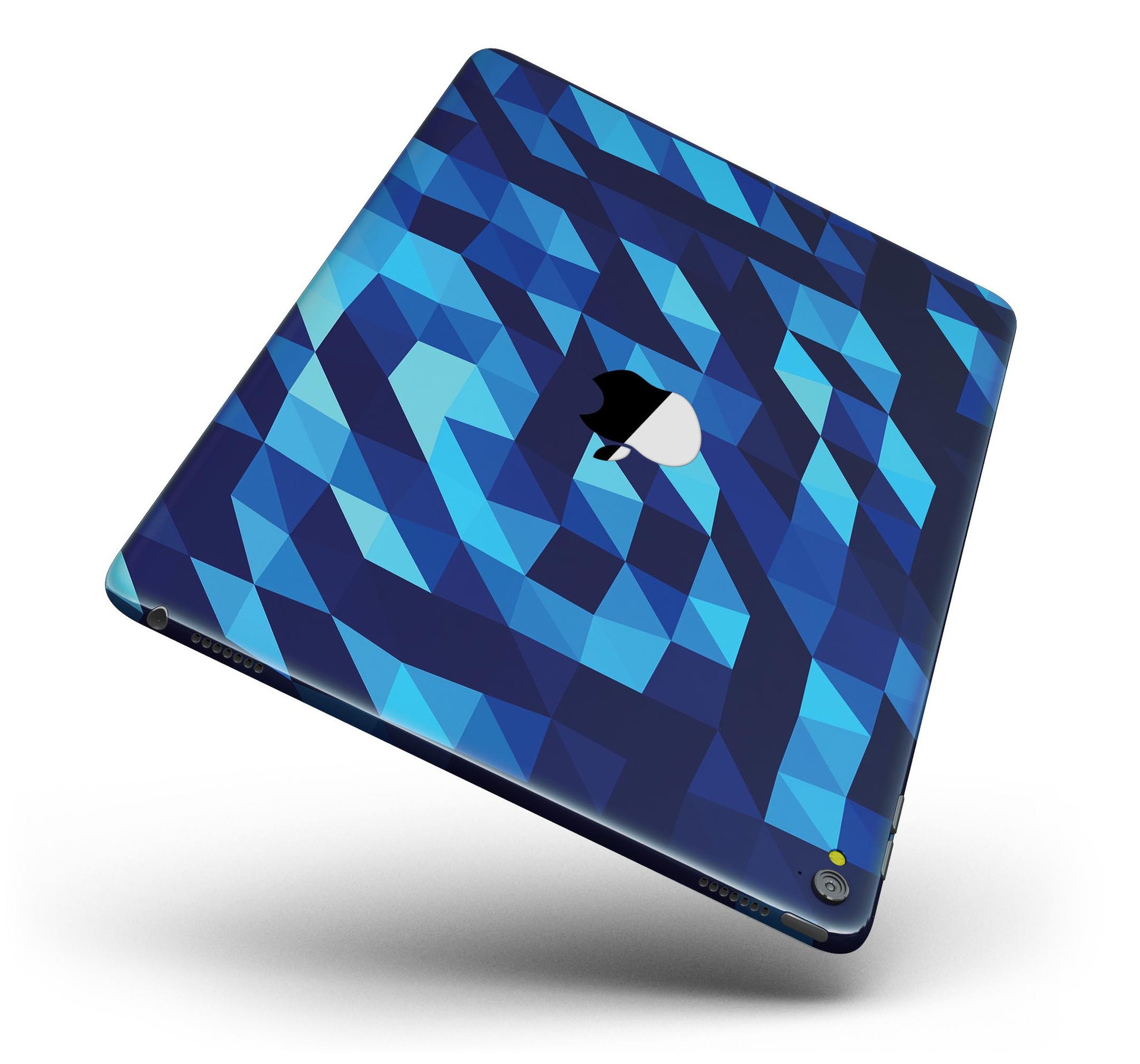 50 Shades of Blue Geometric Triangles Full Body Skin for iPad Pro, showcasing vibrant blue geometric patterns on a sleek device.