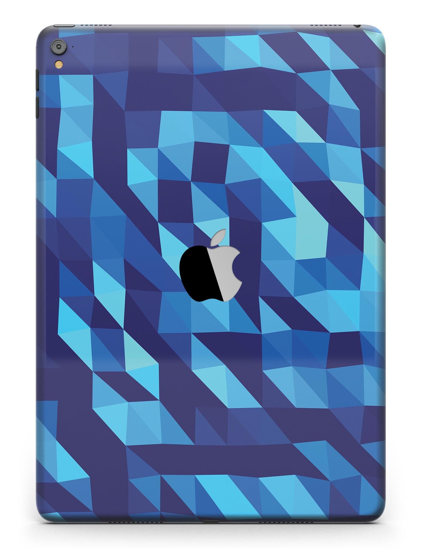 50 Shades of Blue Geometric Triangles Full Body Skin for iPad Pro, showcasing vibrant blue geometric patterns on a sleek device.