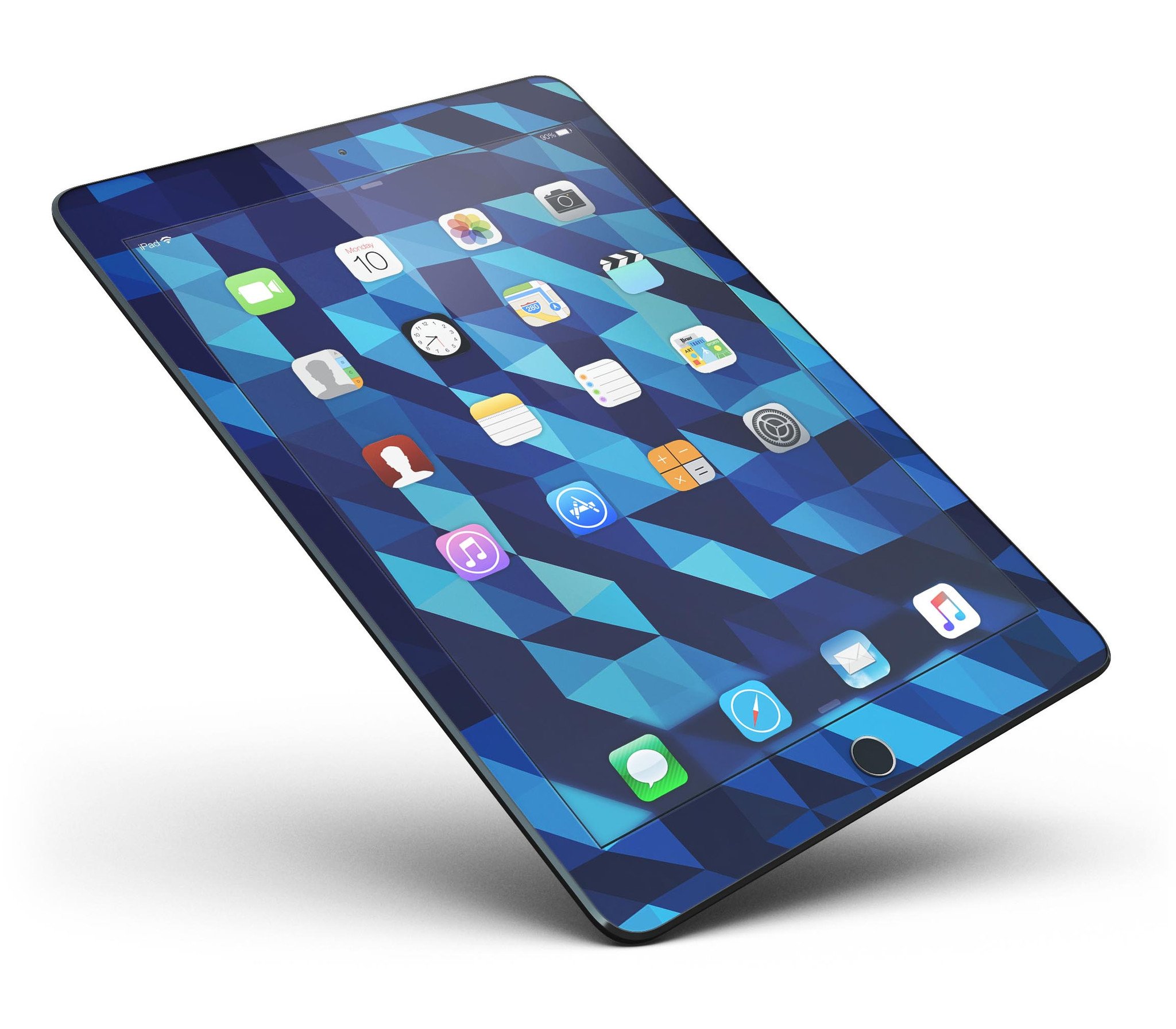 50 Shades of Blue Geometric Triangles Full Body Skin for iPad Pro, showcasing vibrant blue geometric patterns on a sleek device.