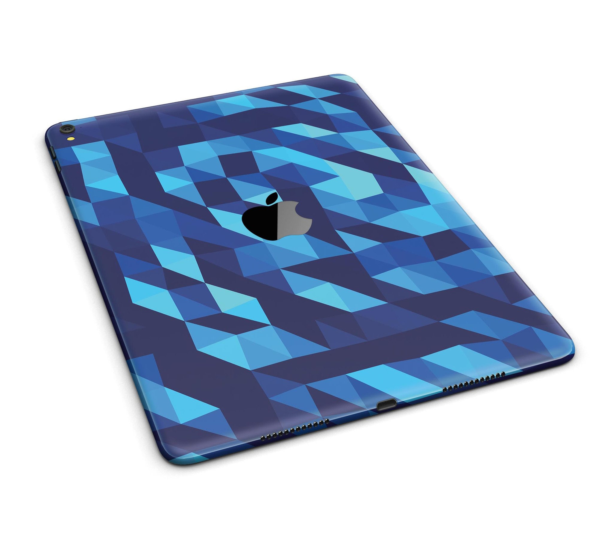 50 Shades of Blue Geometric Triangles Full Body Skin for iPad Pro, showcasing vibrant blue geometric patterns on a sleek device.