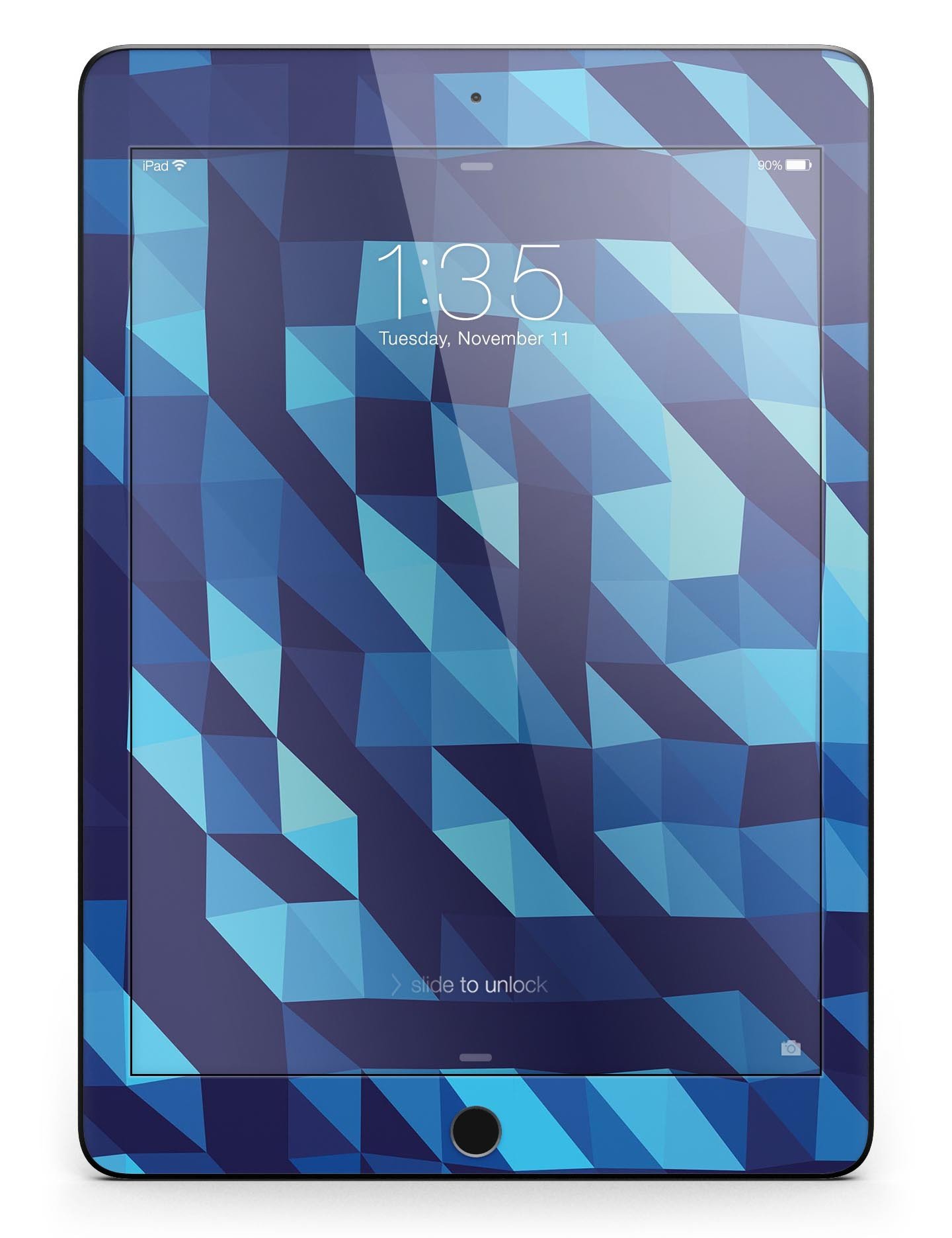 50 Shades of Blue Geometric Triangles Full Body Skin for iPad Pro, showcasing vibrant blue geometric patterns on a sleek device.