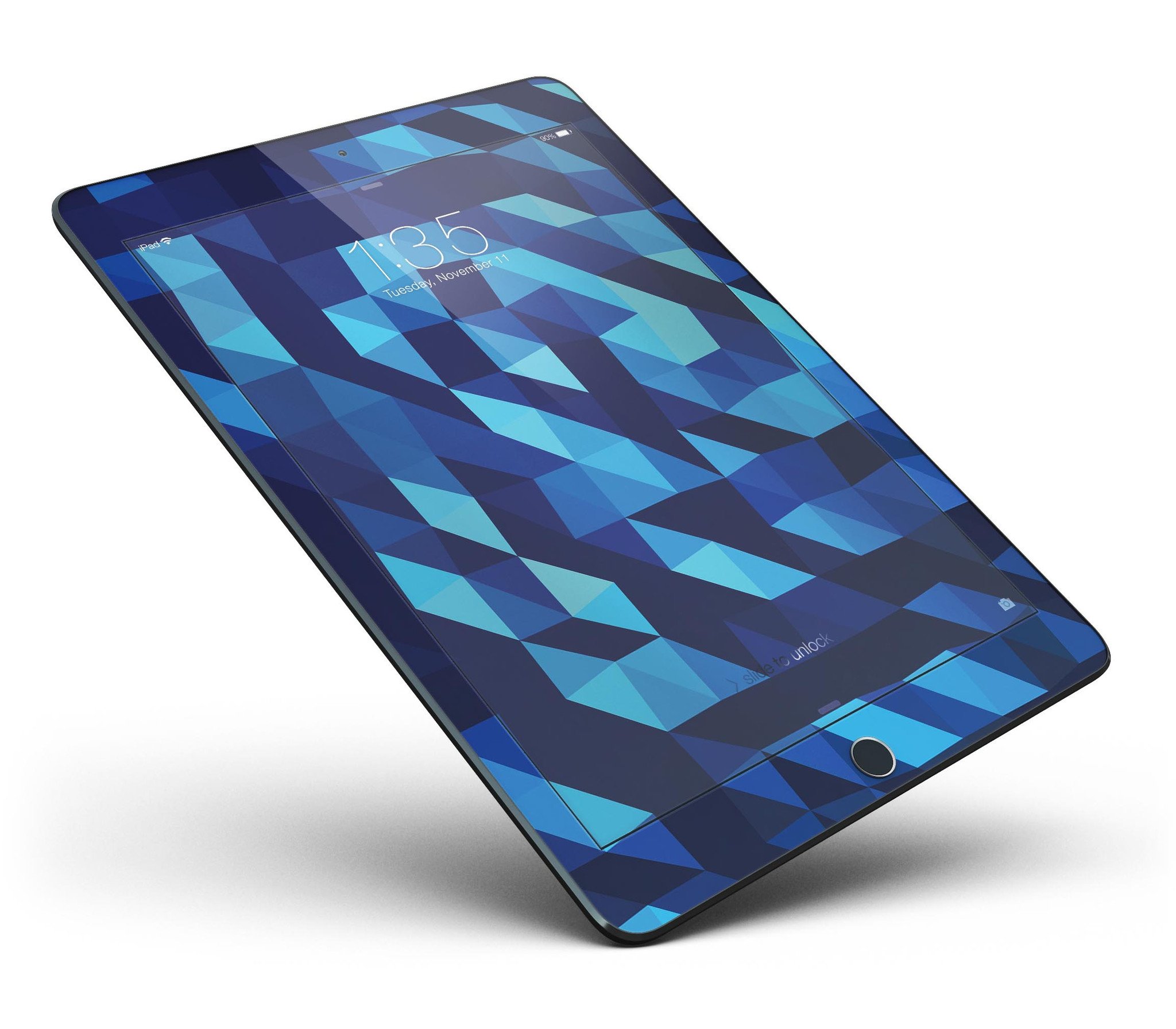 50 Shades of Blue Geometric Triangles Full Body Skin for iPad Pro, showcasing vibrant blue geometric patterns on a sleek device.