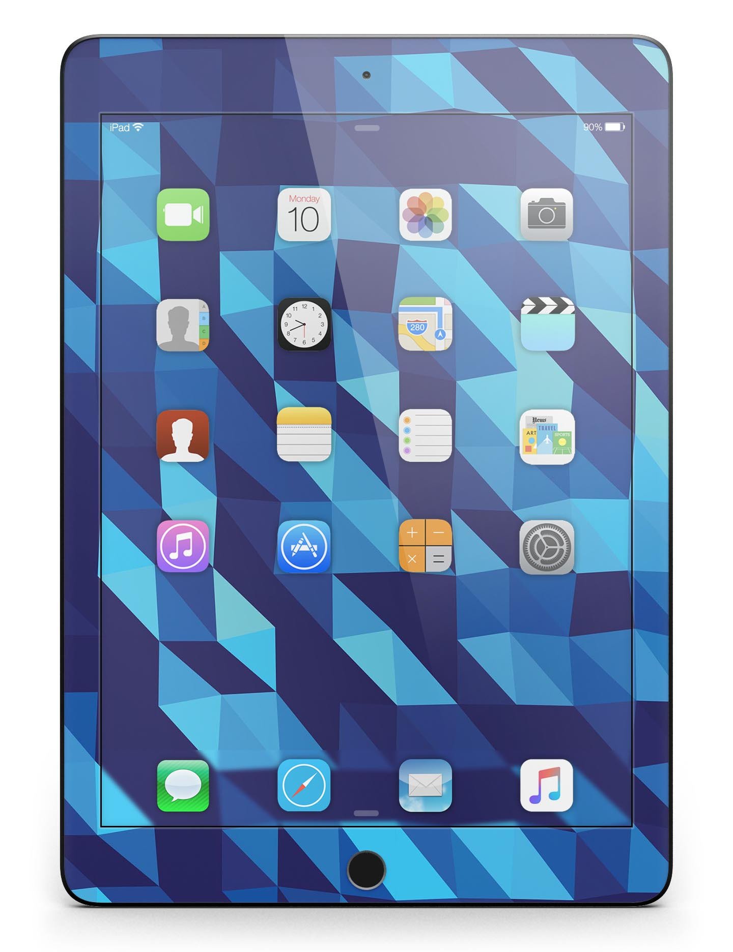 50 Shades of Blue Geometric Triangles Full Body Skin for iPad Pro, showcasing vibrant blue geometric patterns on a sleek device.