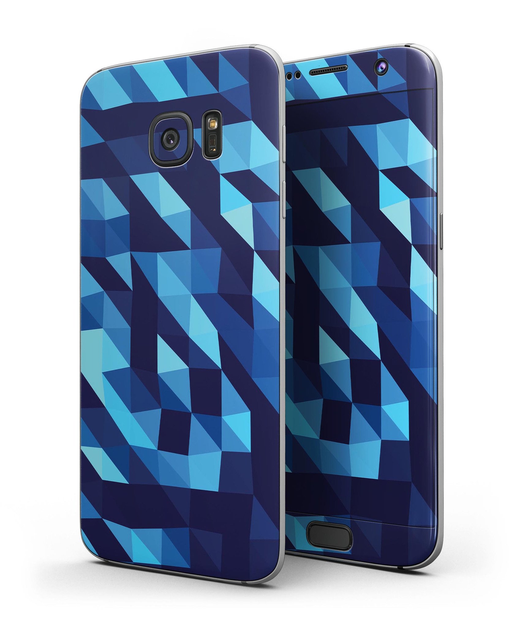 50 Shades of Blue Geometric Triangles skin kit for Samsung Galaxy S7 Edge, showcasing vibrant blue geometric patterns on premium vinyl.