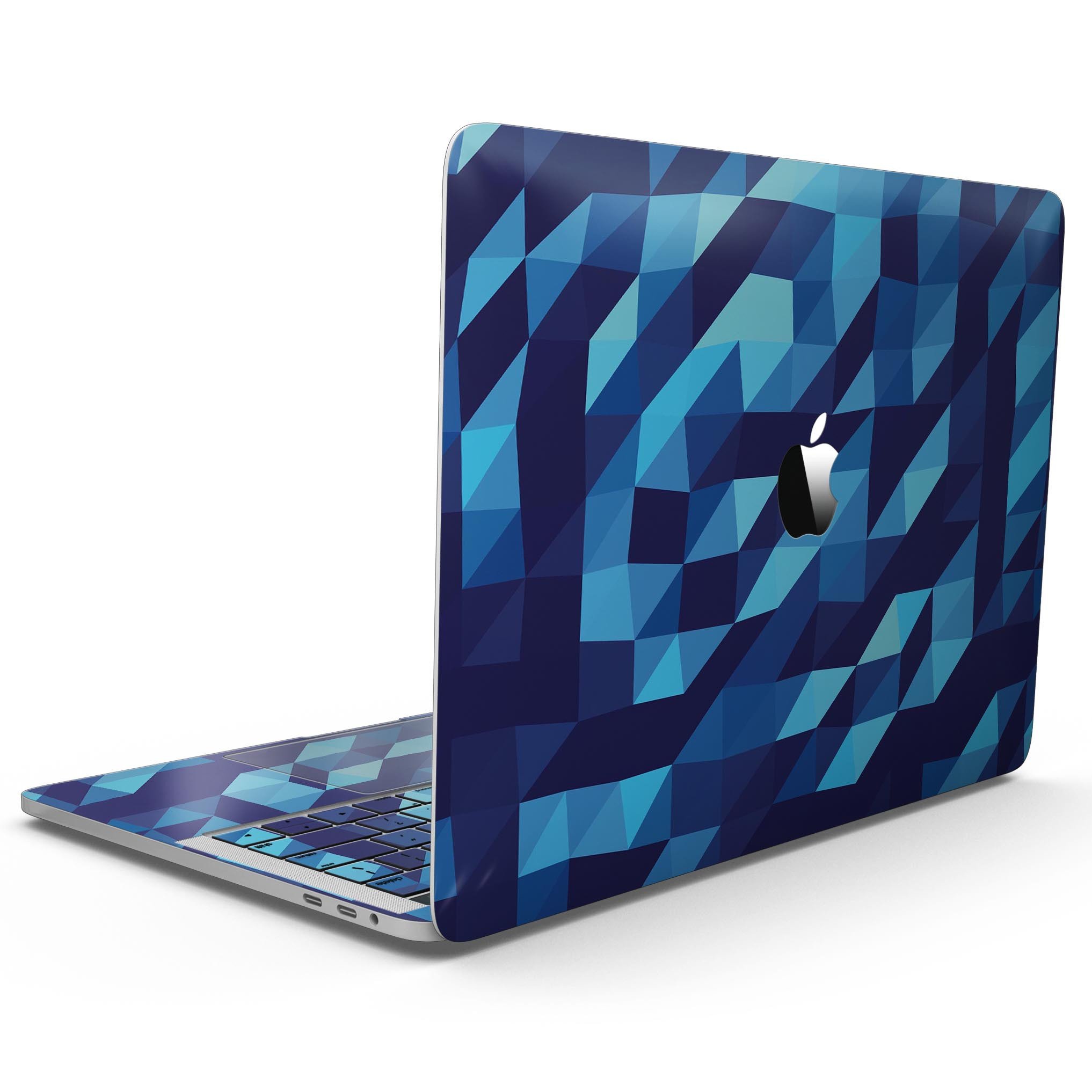 Stylish 50 Shades of Blue Geometric Triangles skin for MacBook Pro with Touch Bar, showcasing vibrant geometric patterns.