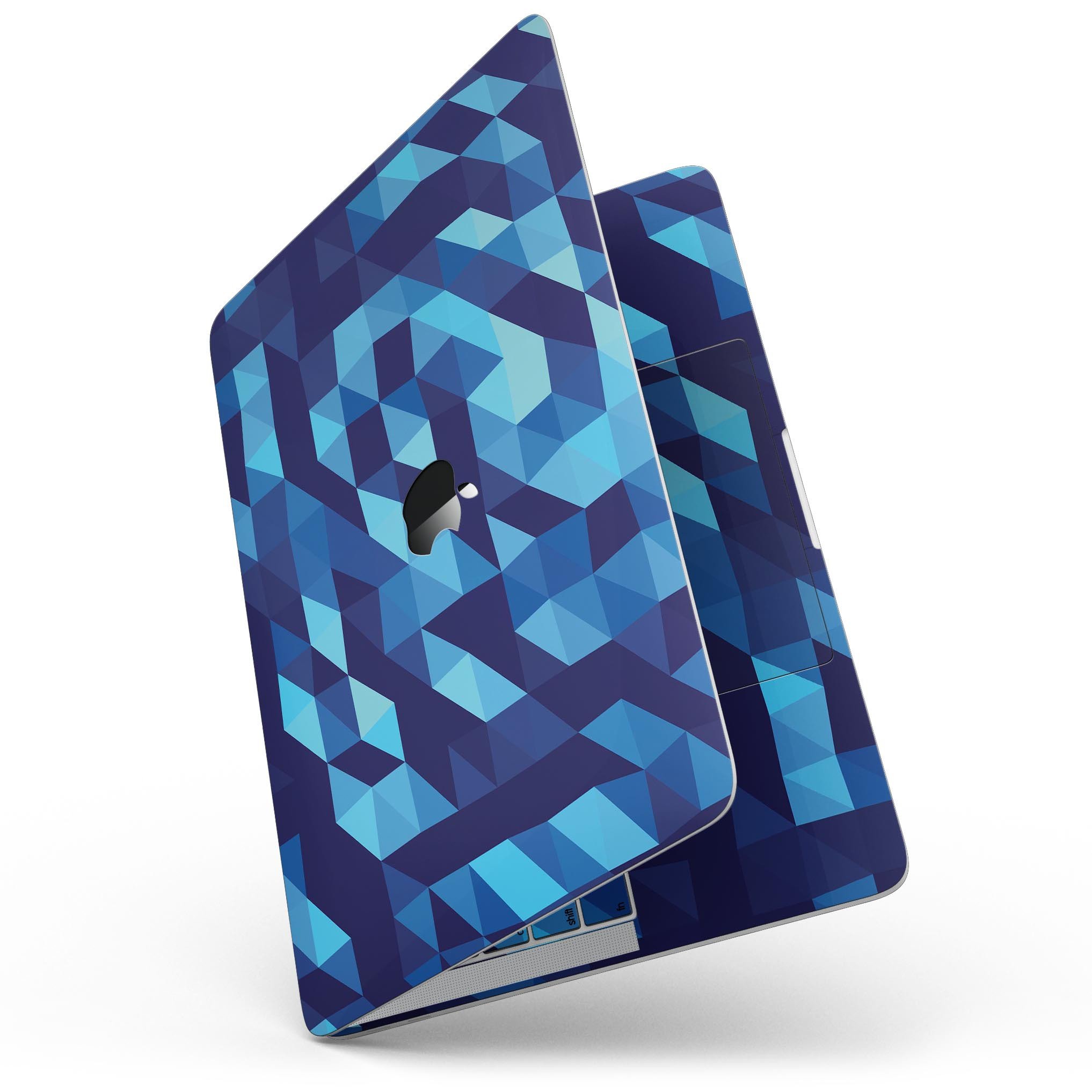 Stylish 50 Shades of Blue Geometric Triangles skin for MacBook Pro with Touch Bar, showcasing vibrant geometric patterns.