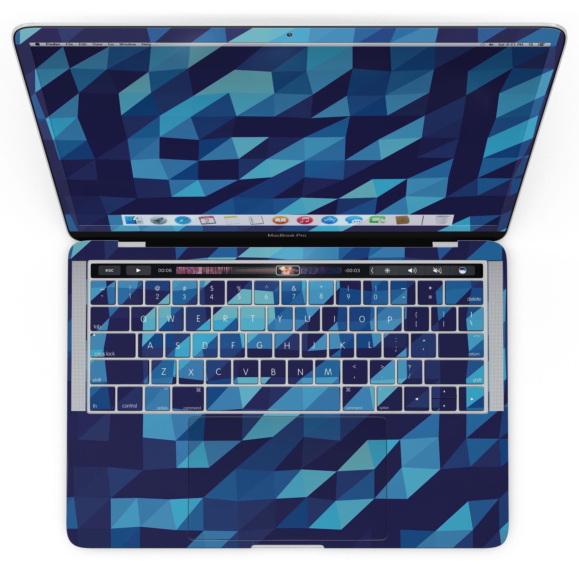 Stylish 50 Shades of Blue Geometric Triangles skin for MacBook Pro with Touch Bar, showcasing vibrant geometric patterns.