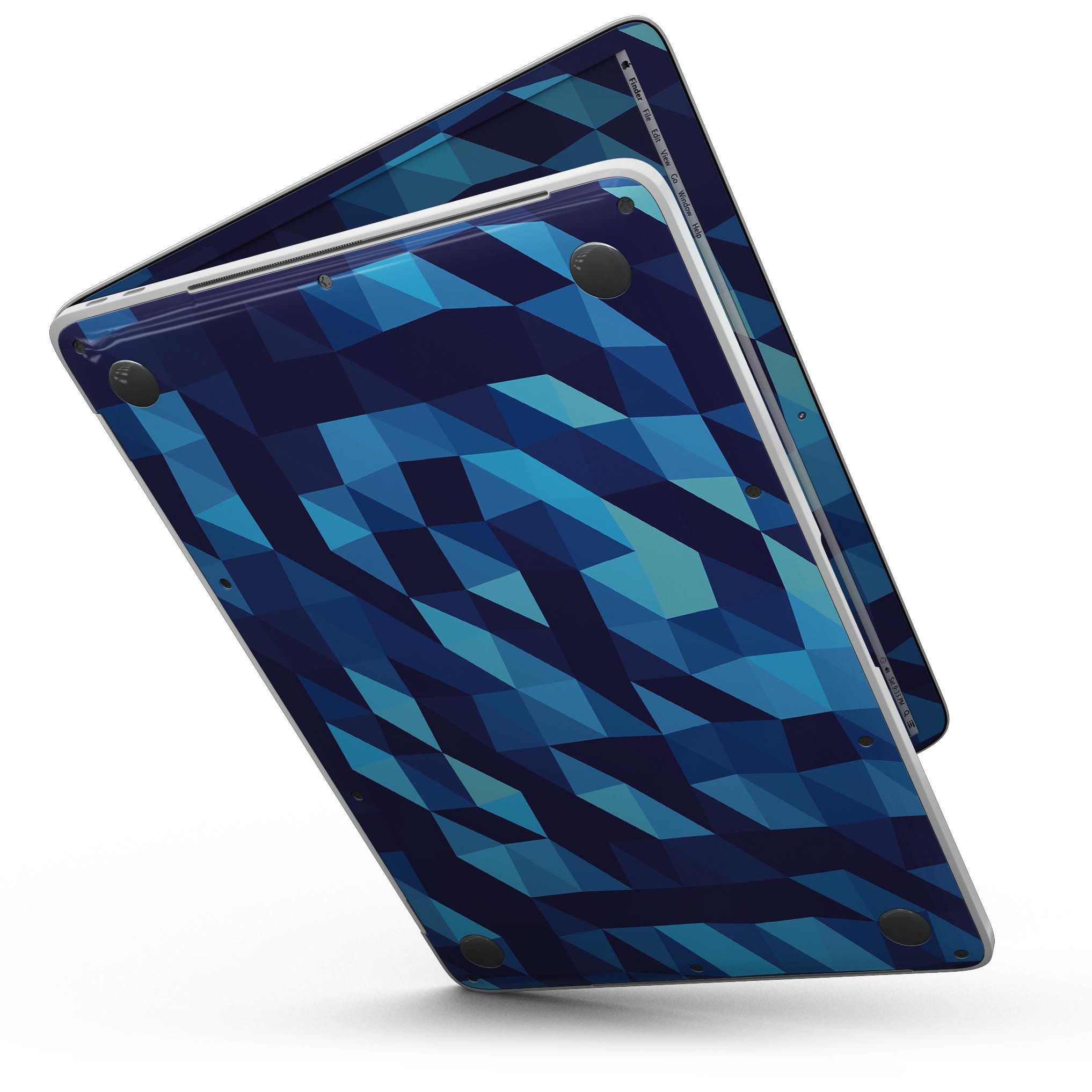 Stylish 50 Shades of Blue Geometric Triangles skin for MacBook Pro with Touch Bar, showcasing vibrant geometric patterns.