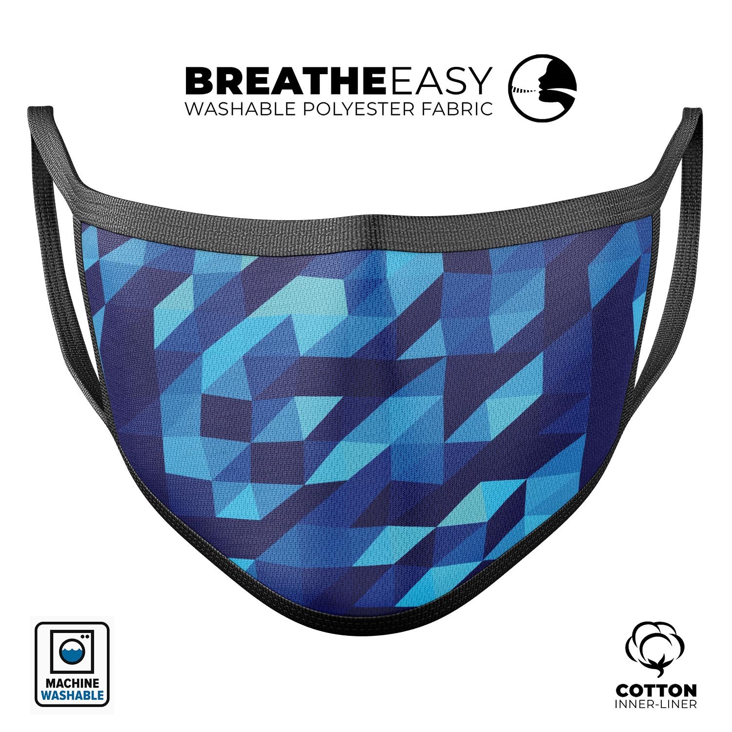 50 Shades of Blue Geometric Triangles mouth cover, featuring a vibrant geometric design, adjustable ear loops, and made from soft cotton.