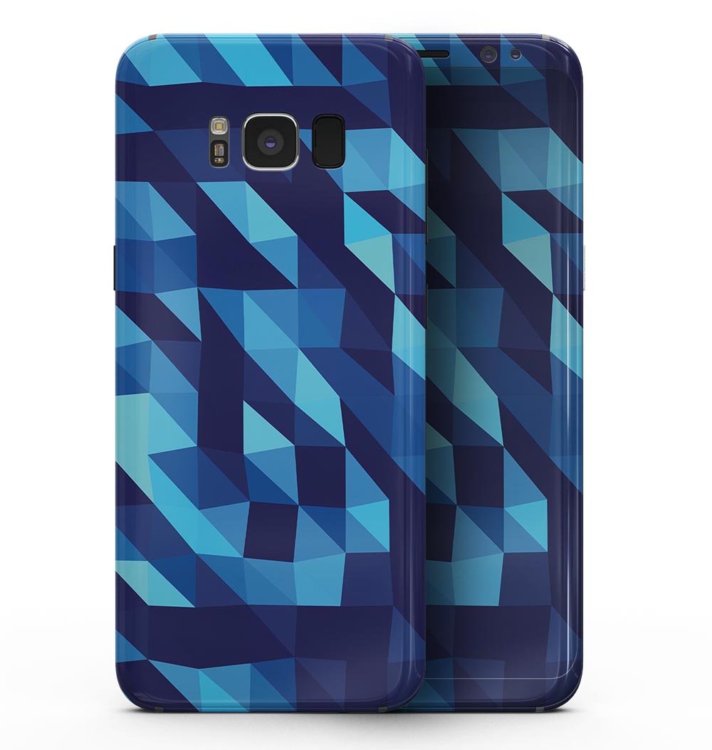 Samsung Galaxy S8 with 50 Shades of Blue Geometric Triangles skin, showcasing vibrant blue geometric patterns.