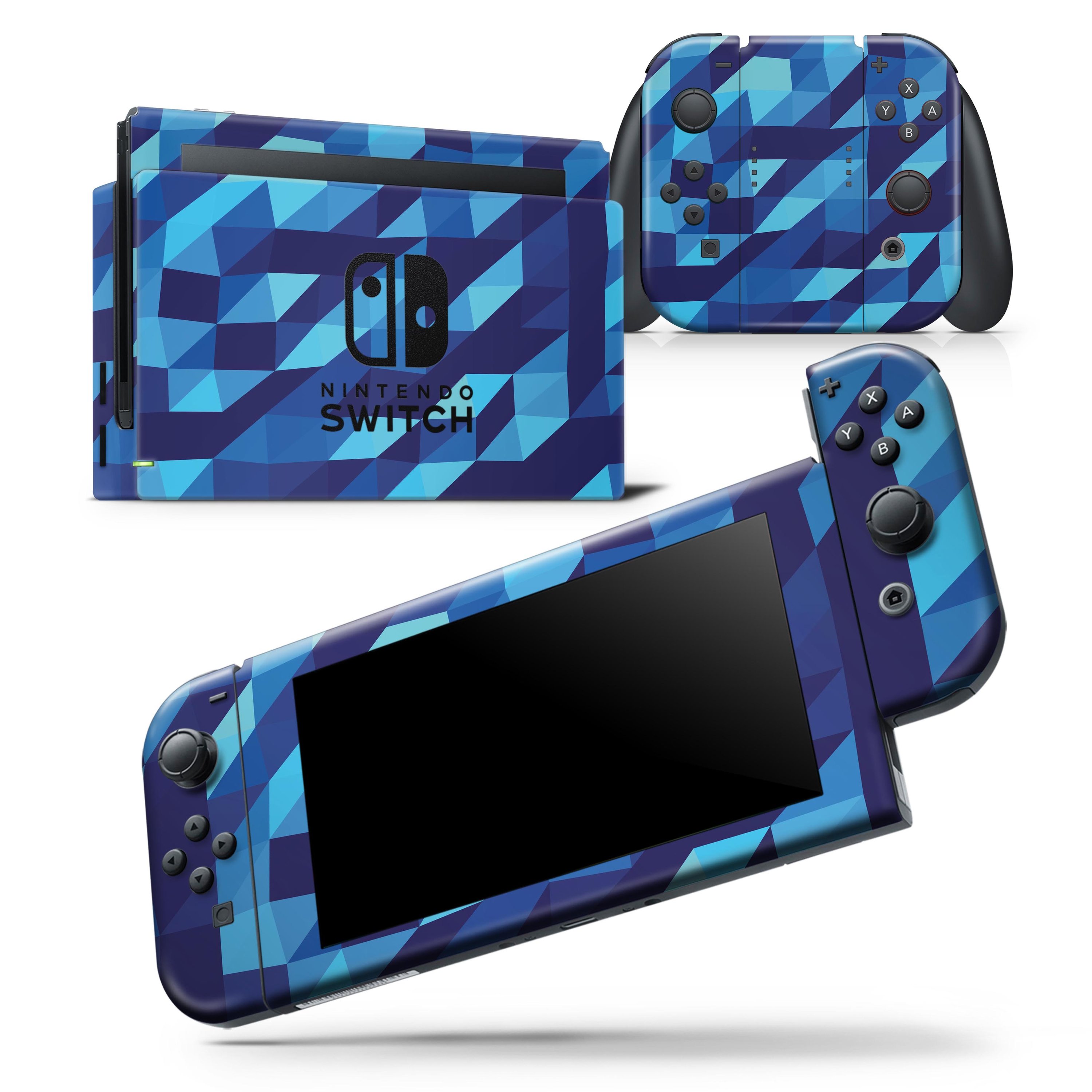 50 Shades of Blue Geometric Triangles skin wrap decal for Nintendo Switch, showcasing a vibrant geometric design that enhances the console's appearance.