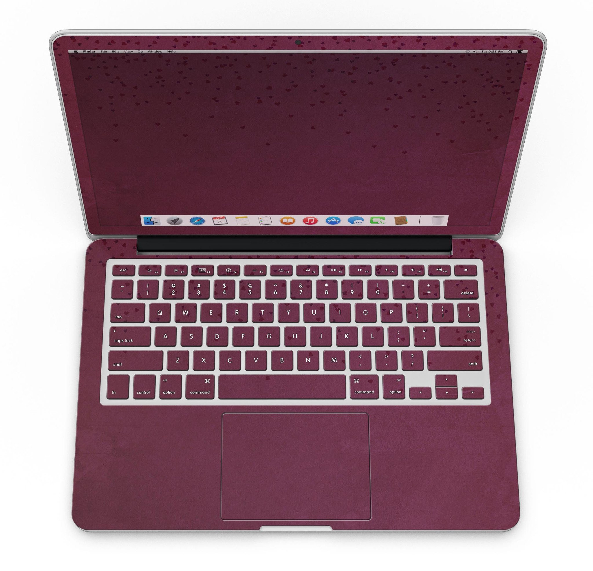 A MacBook Pro with Retina Display covered in a stylish 50 Shades of Burgundy Micro Hearts skin, showcasing intricate heart patterns.