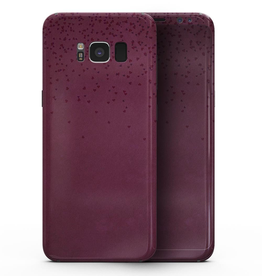 Samsung Galaxy S8 with 50 Shades of Burgundy Micro Hearts full-body skin, showcasing its stylish design and precise fit.