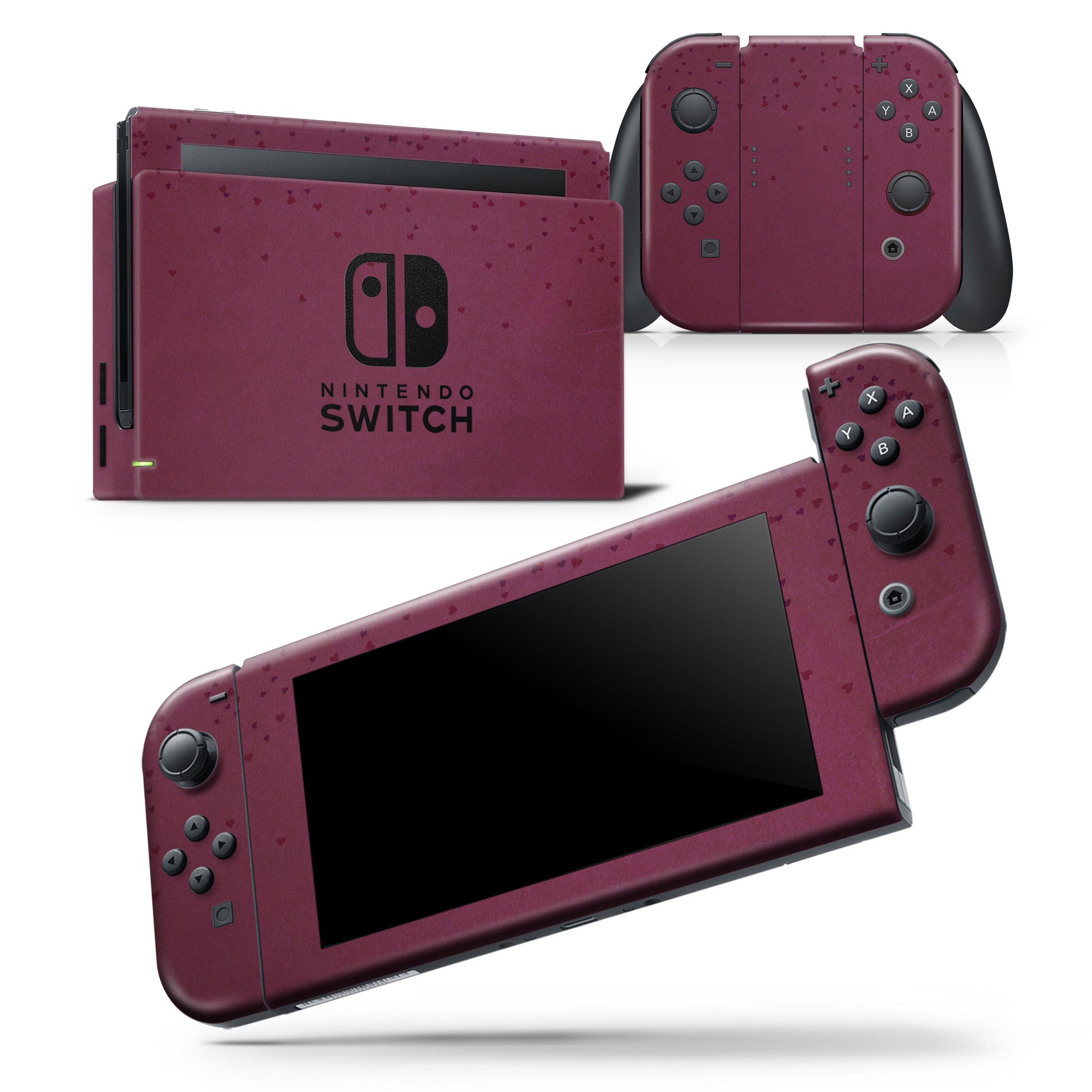 50 Shades of Burgundy Micro Hearts skin wrap decal for Nintendo Switch, showcasing a stylish design that fits snugly on the console and controllers.