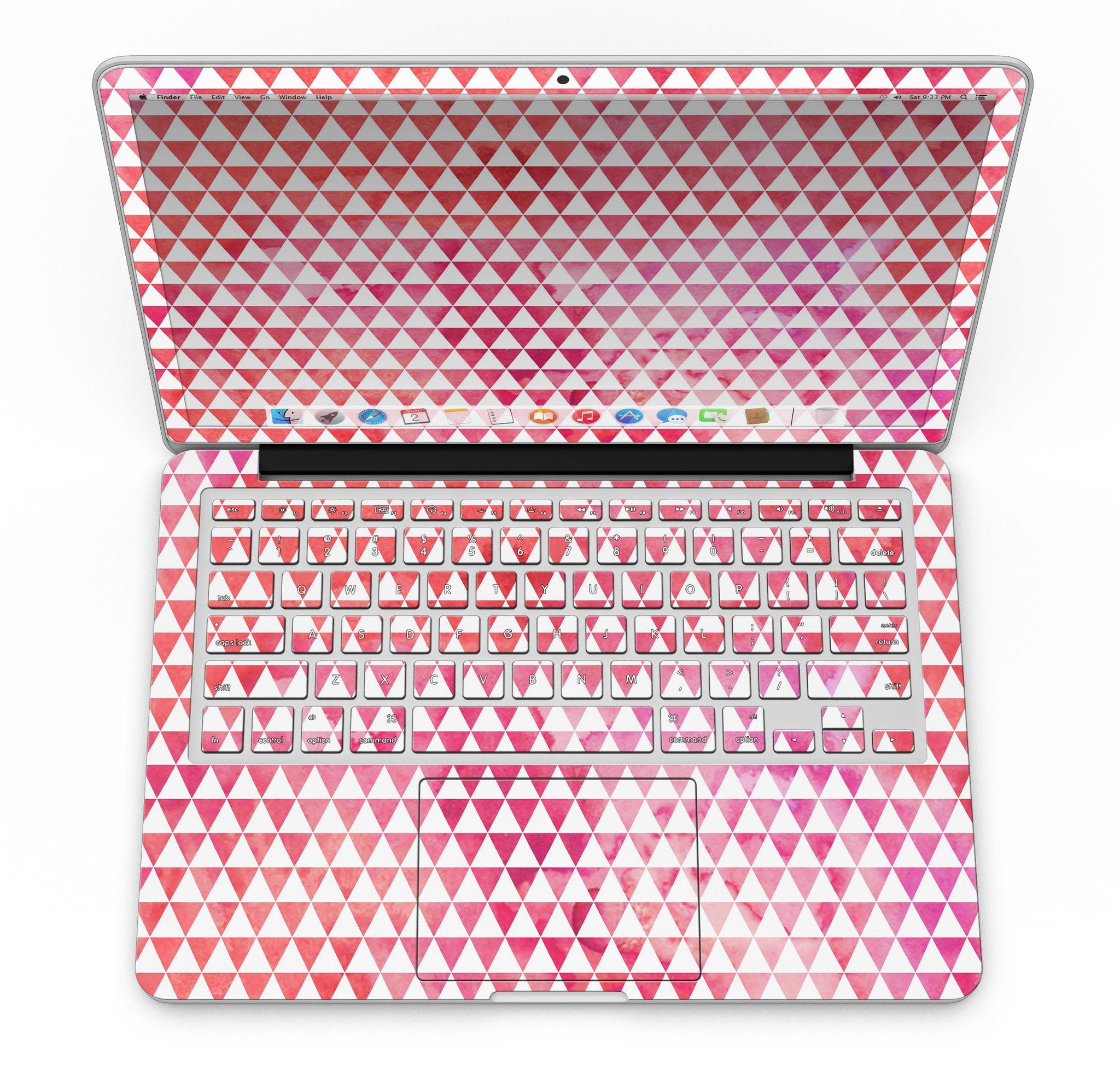 Stylish 50 Shades of Pink Micro Triangles skin for MacBook Pro with Retina Display, showcasing vibrant pink triangles on a sleek surface.