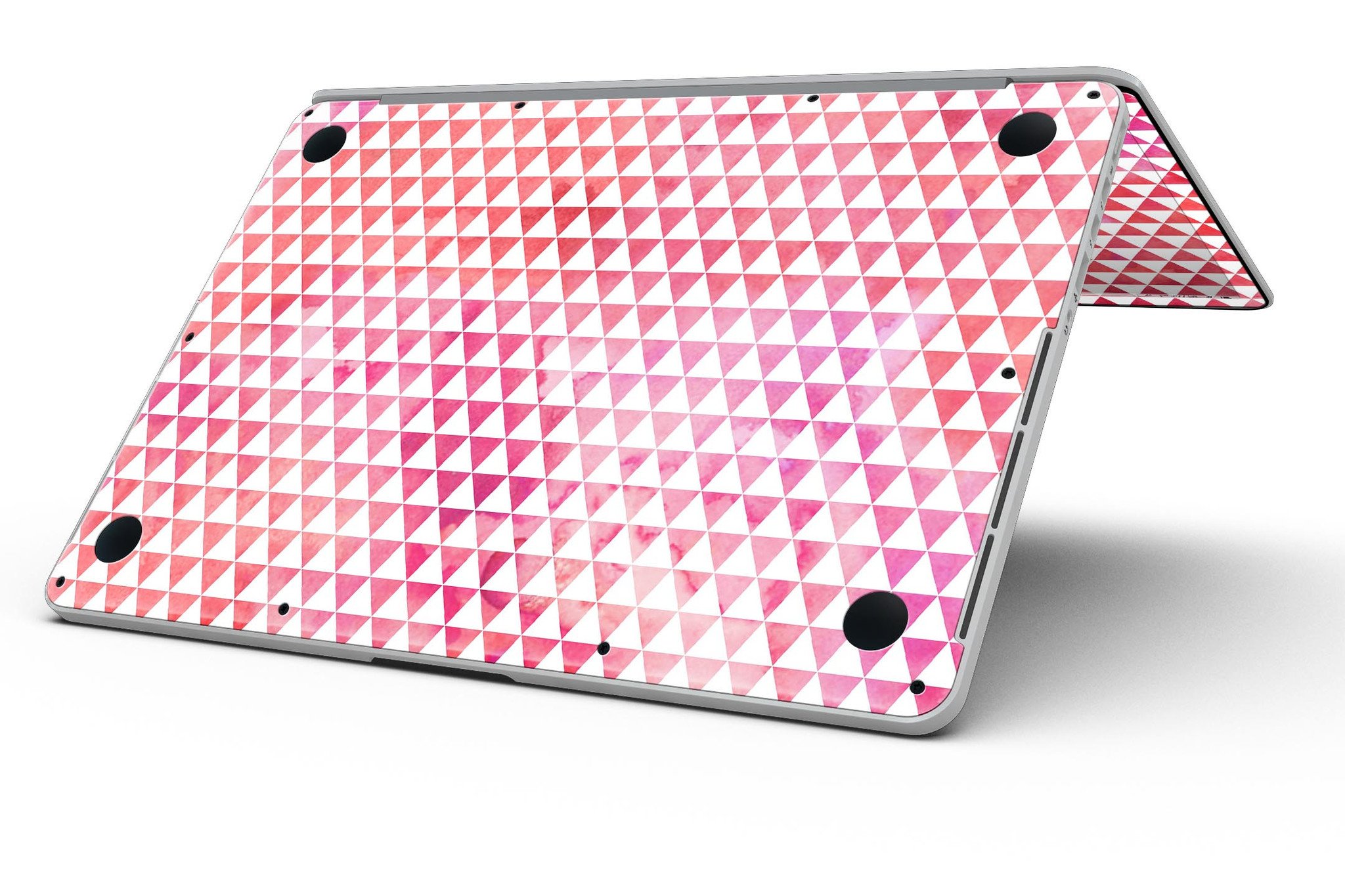 Stylish 50 Shades of Pink Micro Triangles skin for MacBook Pro with Retina Display, showcasing vibrant pink triangles on a sleek surface.