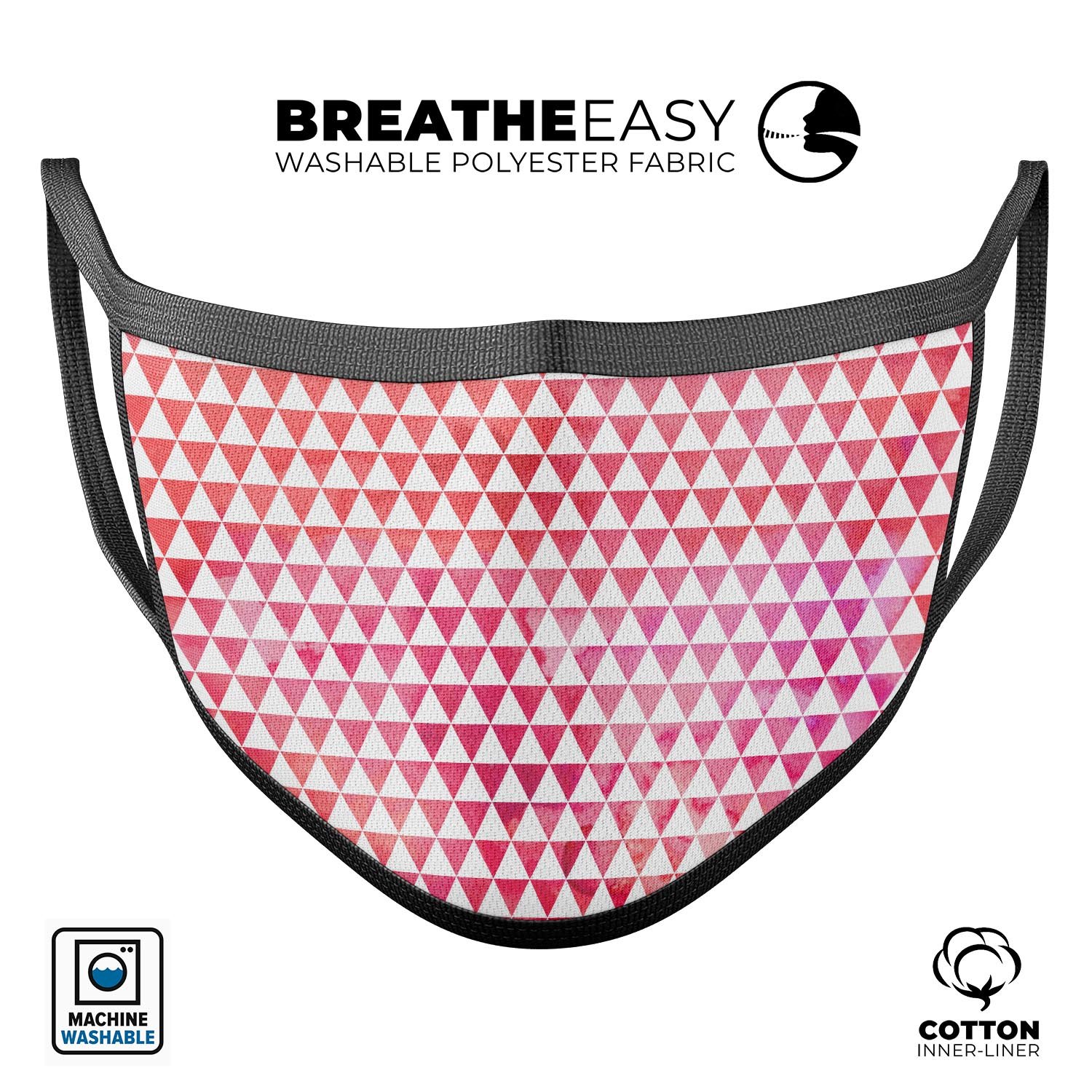 50 Shades of Pink Micro Triangles unisex mouth cover, showcasing vibrant colors and adjustable ear-loop bands.