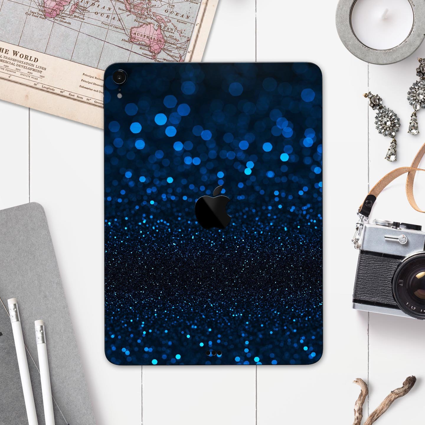 Full body skin decal for Apple iPad in vibrant blue shades, showcasing premium 3M material and sleek design.