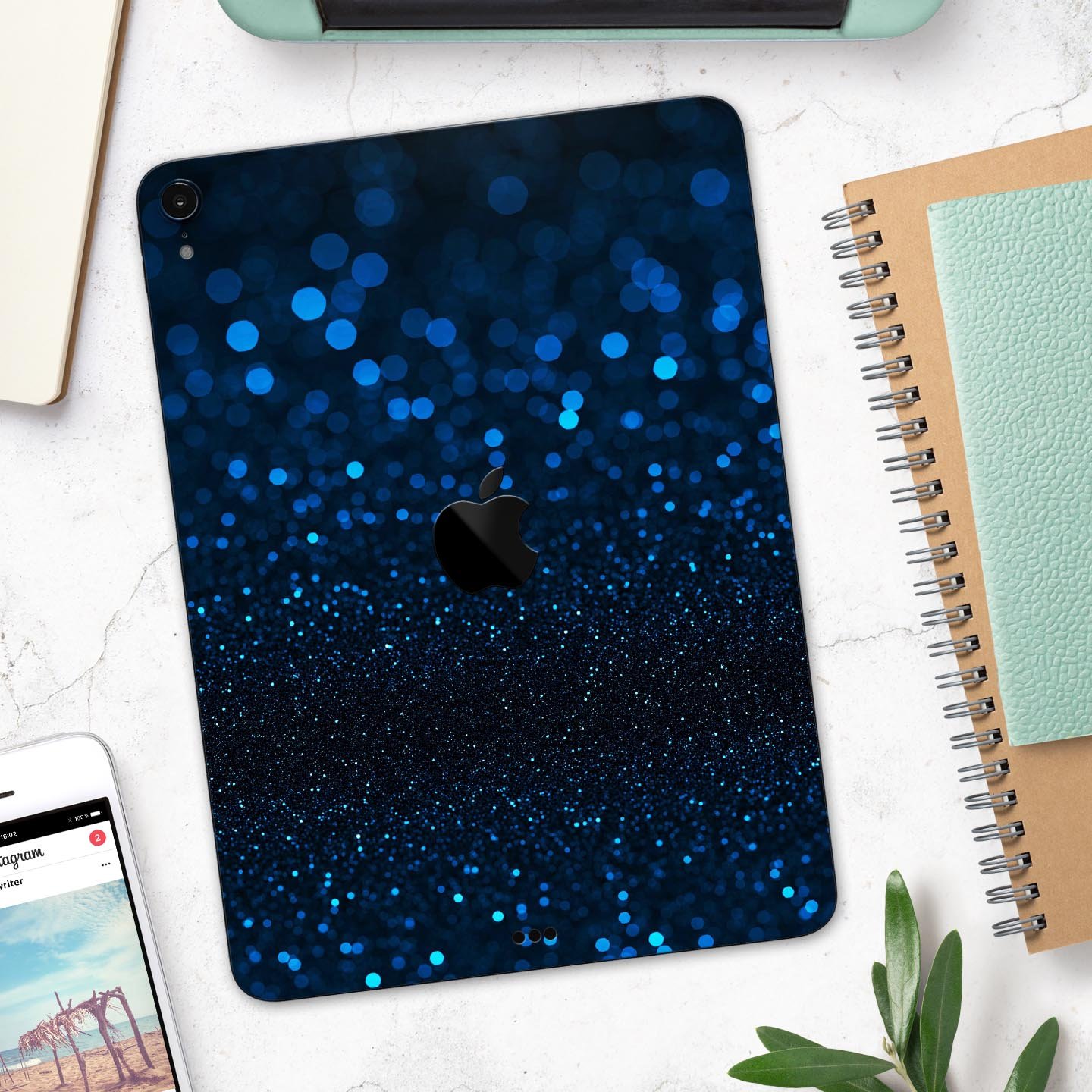 Full body skin decal for Apple iPad in vibrant blue shades, showcasing premium 3M material and sleek design.