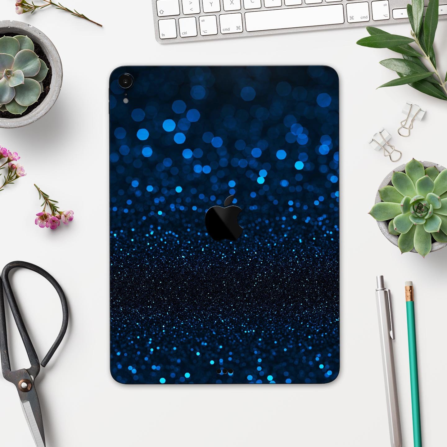 Full body skin decal for Apple iPad in vibrant blue shades, showcasing premium 3M material and sleek design.