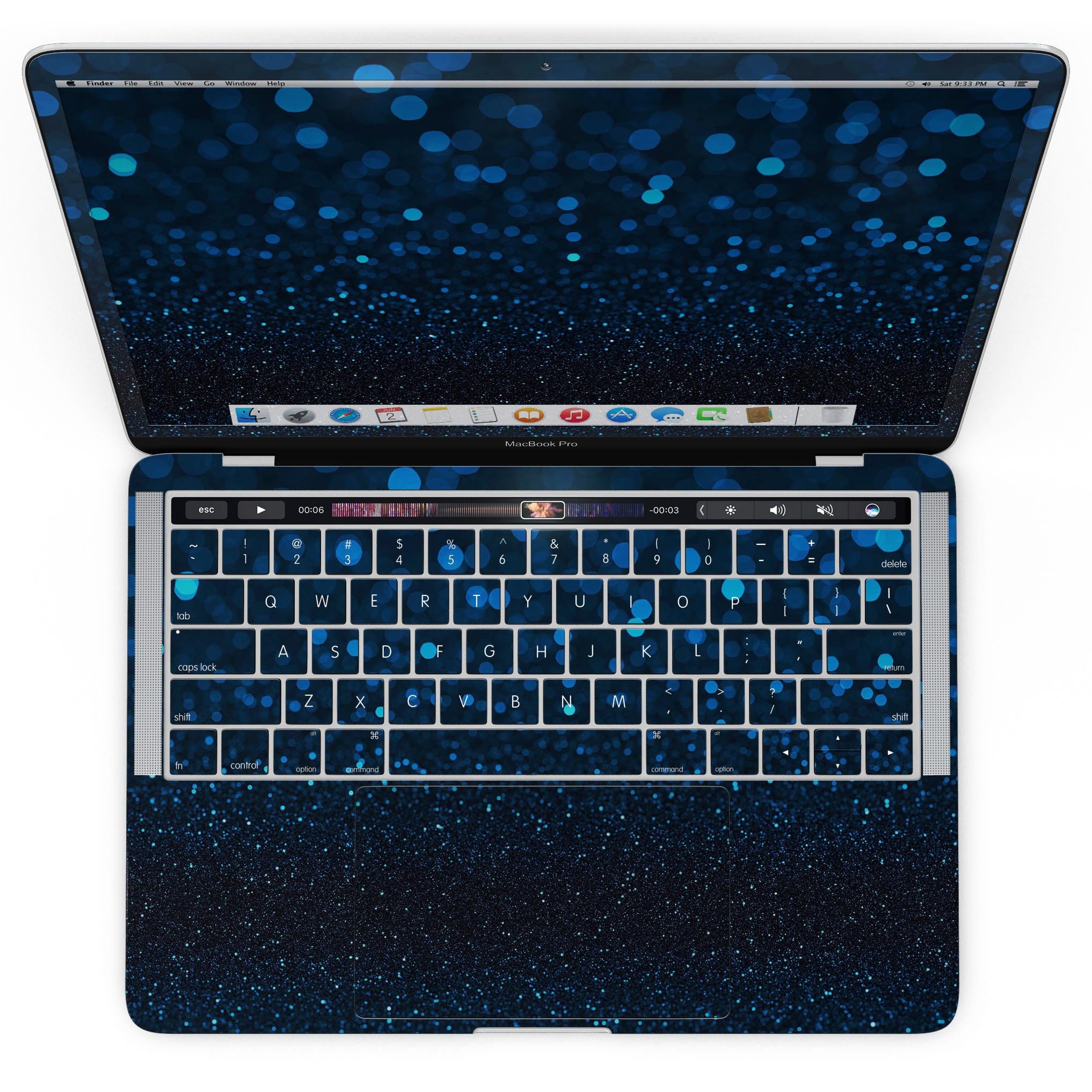 50 Shades of Unflocused Blue MacBook Pro skin kit showcasing vibrant blue design and premium vinyl material.