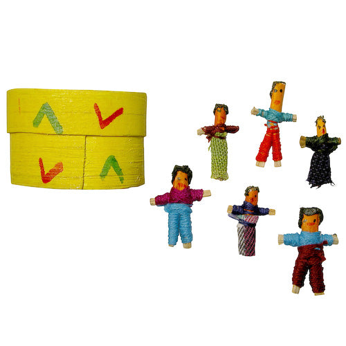 A beautifully hand-painted wooden box containing six colorful worry dolls, representing traditional Mayan craftsmanship.