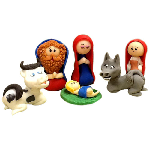 A beautifully crafted 6-piece marzipan nativity set featuring intricate details, handmade by Ecuadorian artisans.