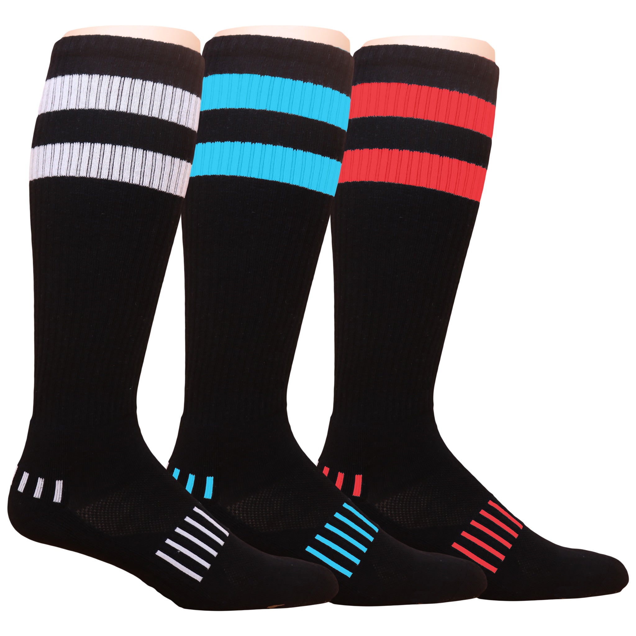 A pair of 70's vintage knee-high socks featuring bold stripes at the top, showcasing retro style and quality craftsmanship.