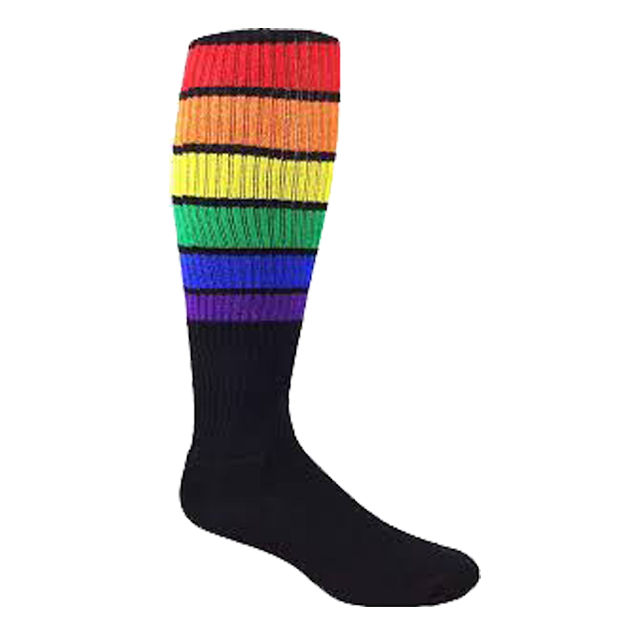 A pair of 70's vintage knee-high socks featuring bold stripes at the top, showcasing retro style and quality craftsmanship.