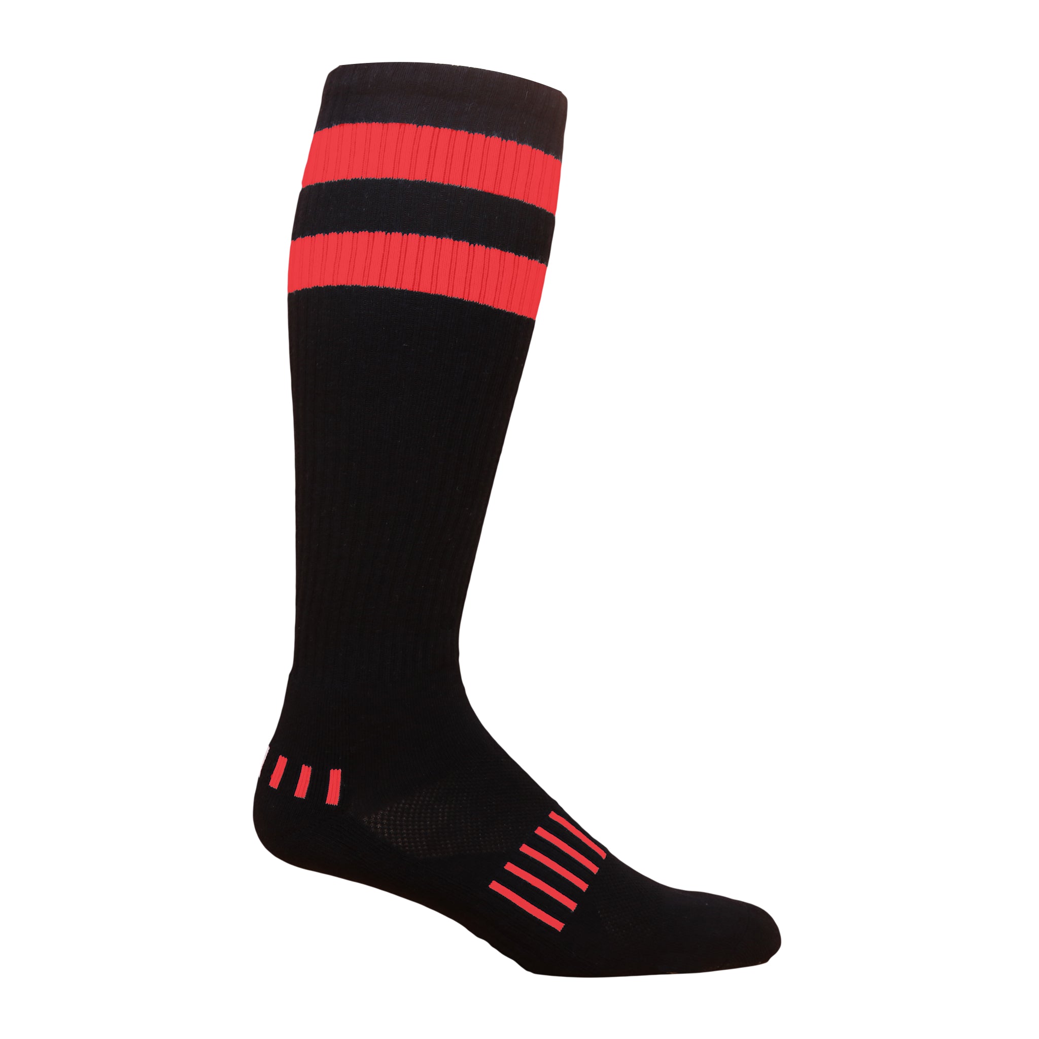 A pair of 70's vintage knee-high socks featuring bold stripes at the top, showcasing retro style and quality craftsmanship.