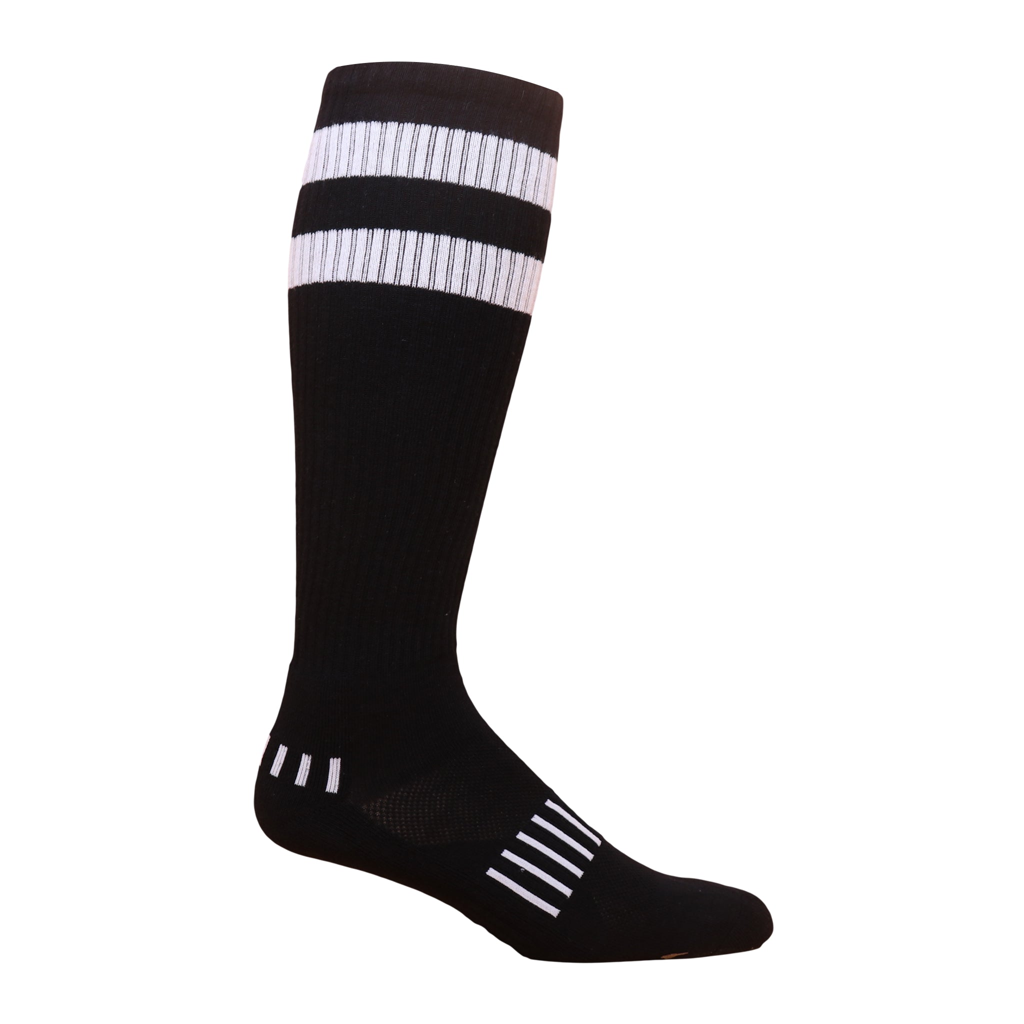 A pair of 70's vintage knee-high socks featuring bold stripes at the top, showcasing retro style and quality craftsmanship.