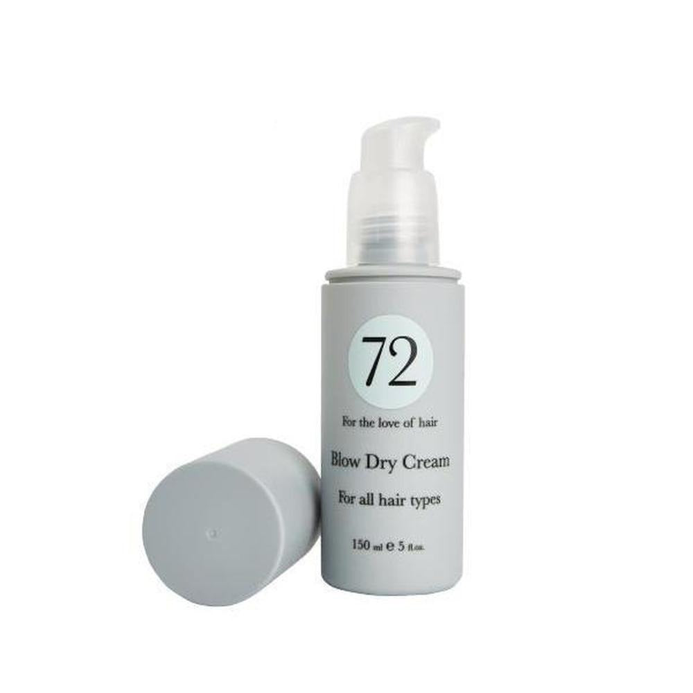 A bottle of 72 Hair Blow Dry Cream, a lightweight leave-in conditioner for styling and de-frizzing hair.