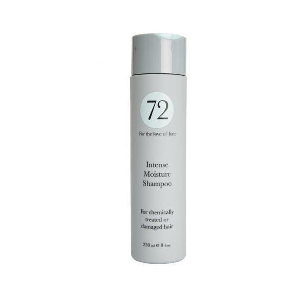 A bottle of 72 Hair Intense Moisture Shampoo designed for color-treated and finer hair, featuring a sleek design and vibrant label.