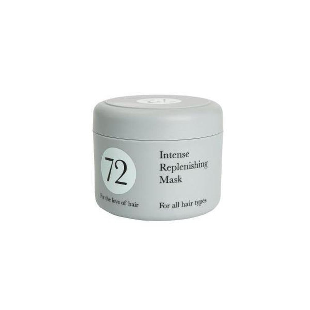 A jar of 72 Hair Intense Replenishing Mask with a sleek design, showcasing its nourishing formula for all hair types.