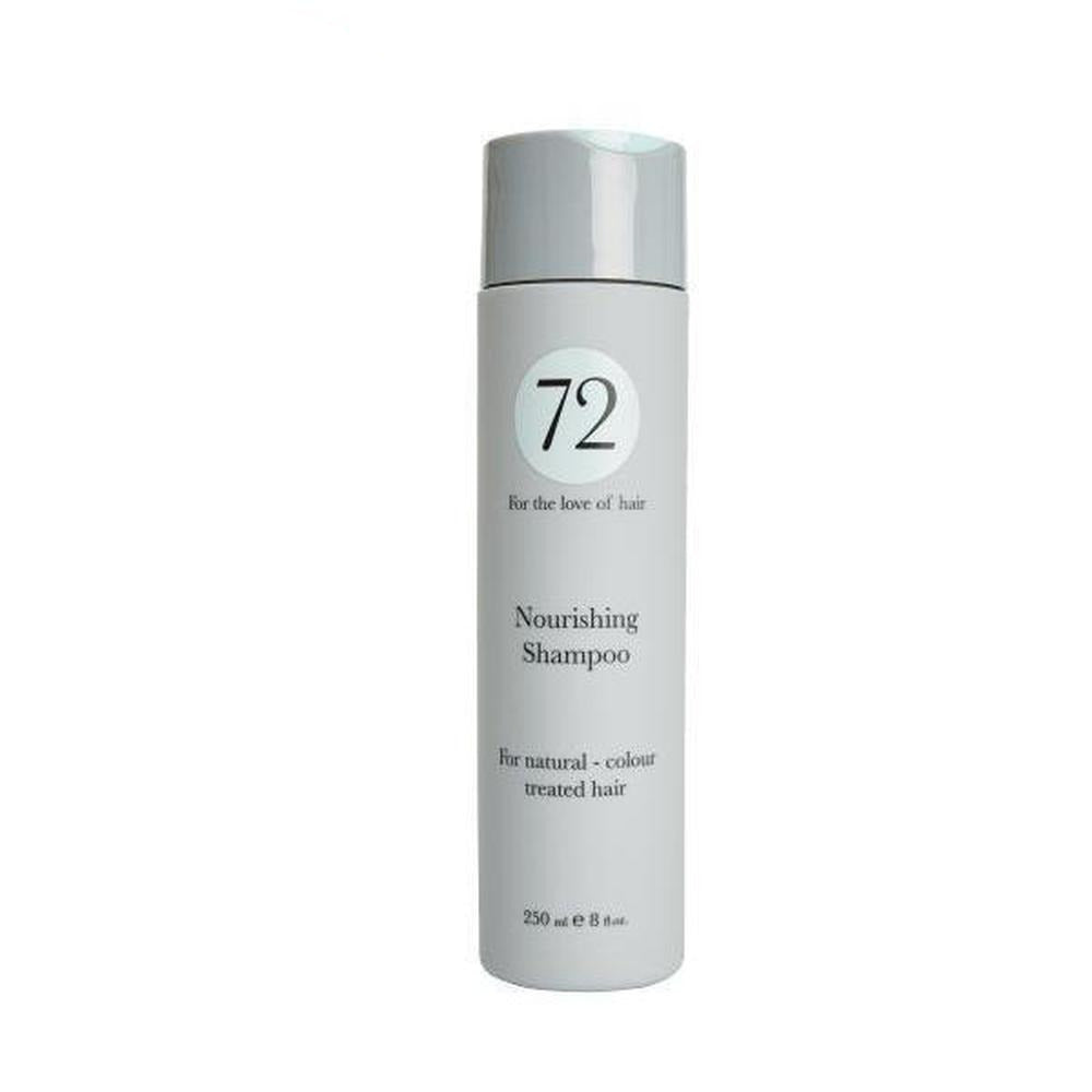 A bottle of 72 Hair Nourishing Shampoo, featuring a sleek design, suitable for thick and frizzy hair, with vegan and sulfate-free labeling.