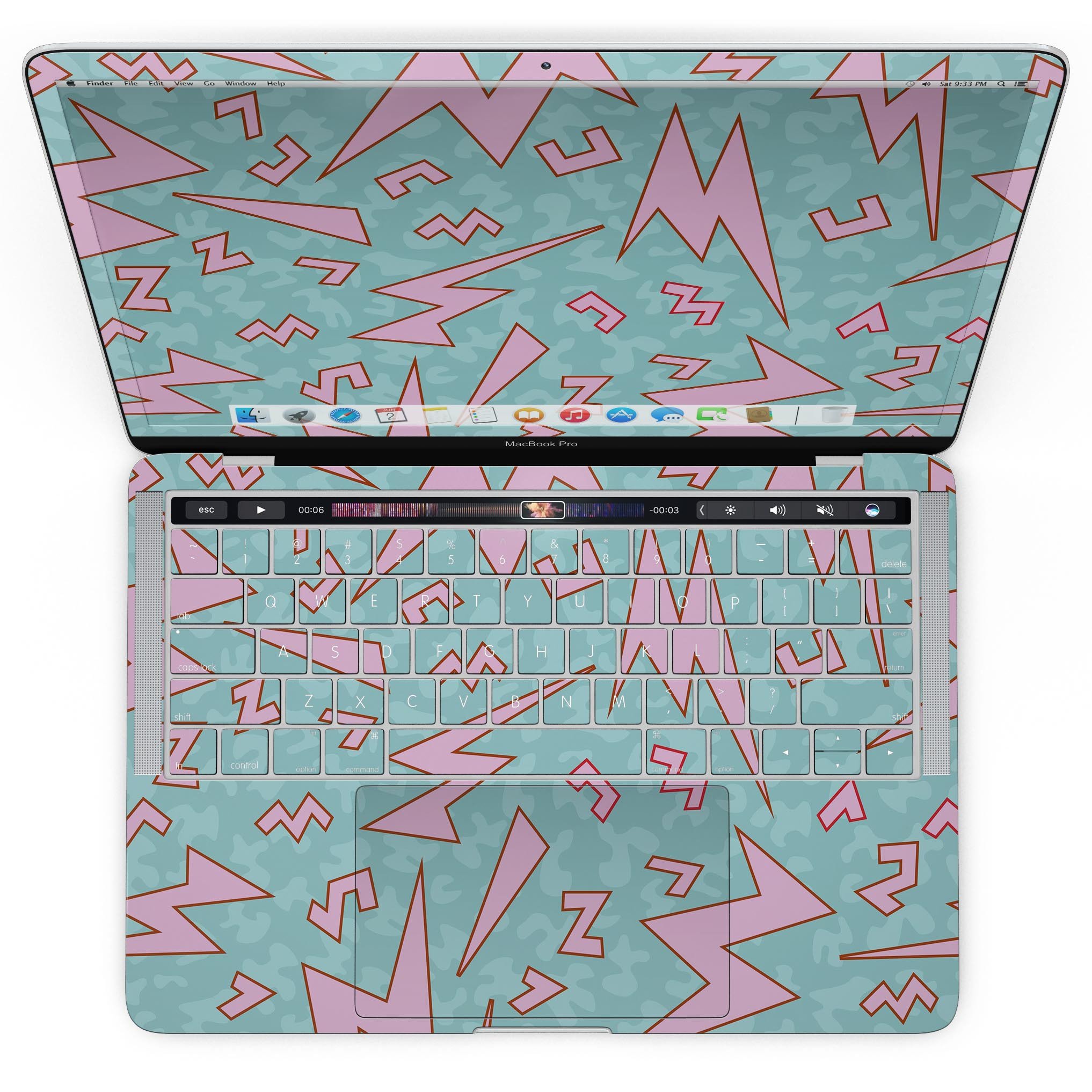 90s Zig Zag skin kit for MacBook Pro with Touch Bar, showcasing vibrant colors and stylish design.