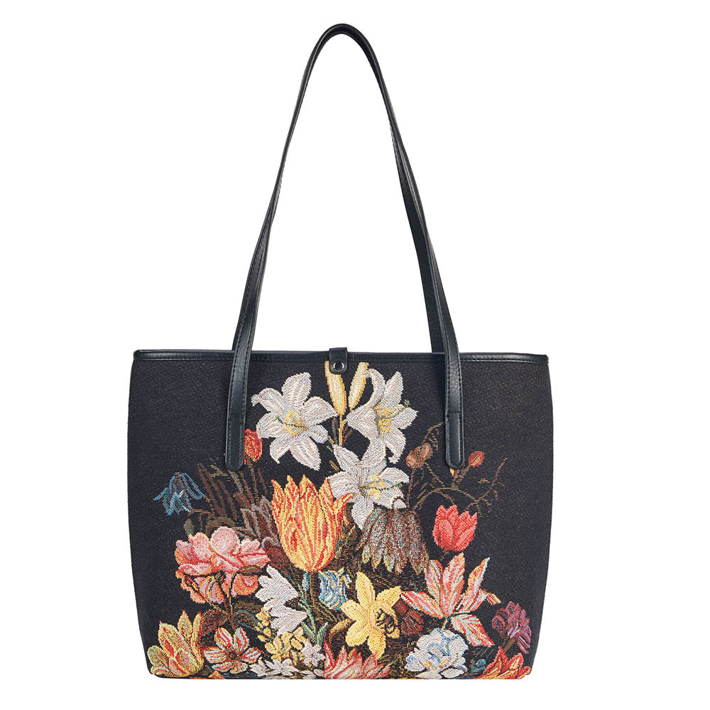 A stylish college bag featuring a floral design inspired by Ambrosius Bosschaert's painting, made from eco-friendly tapestry fabric.