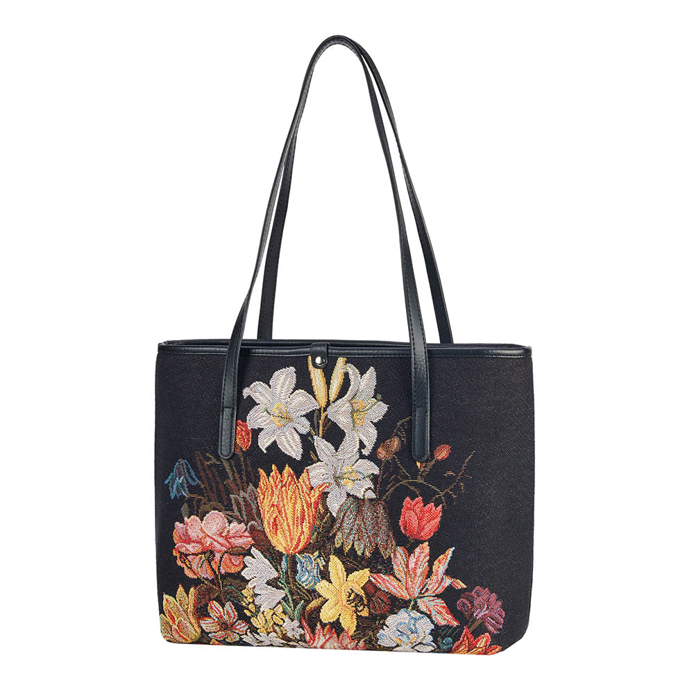 A stylish college bag featuring a floral design inspired by Ambrosius Bosschaert's painting, made from eco-friendly tapestry fabric.