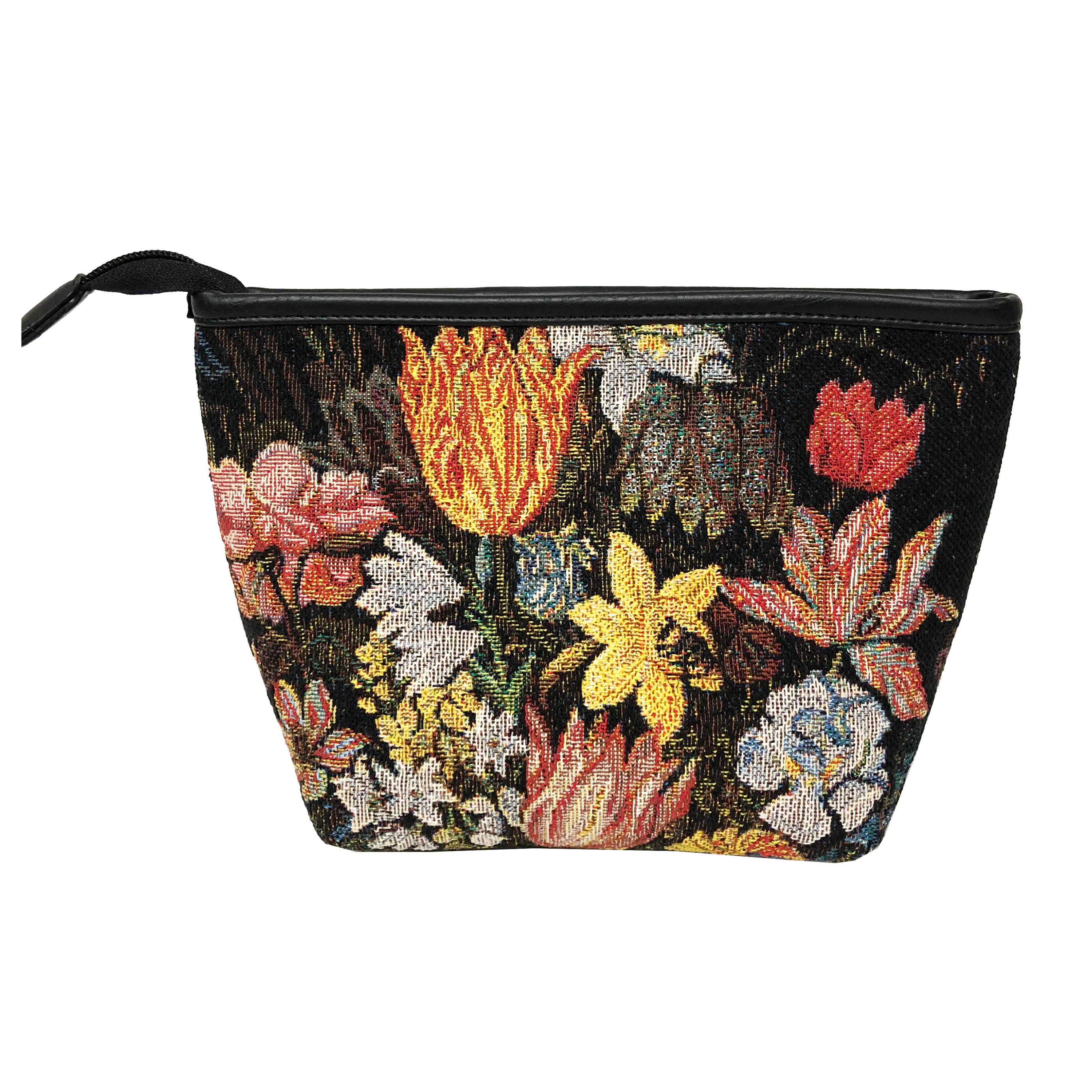 A stylish makeup bag featuring a tapestry design inspired by Ambrosius Bosschaert's painting, showcasing vibrant flowers in a Wan-Li vase.