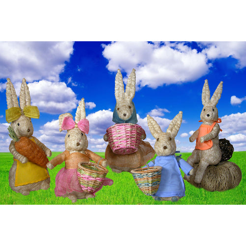 A charming family of handmade Abaca Bunny Rabbits, showcasing their unique designs and sustainable materials.