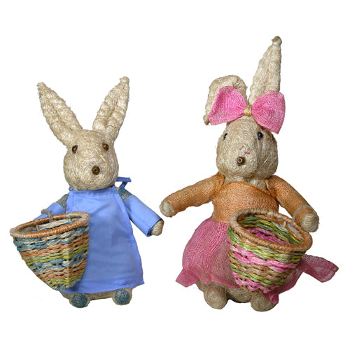 A charming family of handmade Abaca Bunny Rabbits, showcasing their unique designs and sustainable materials.