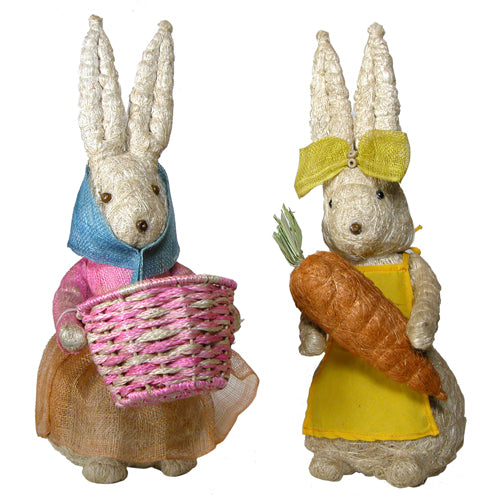 A charming family of handmade Abaca Bunny Rabbits, showcasing their unique designs and sustainable materials.