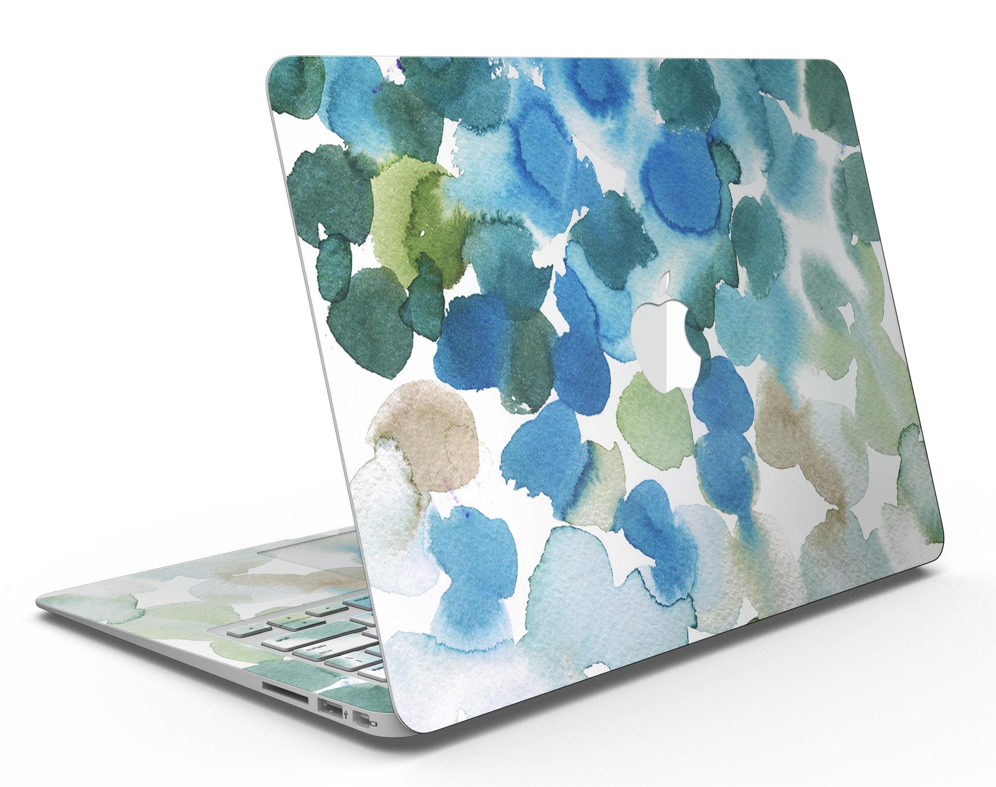 Absorbed Watercolor Texture skin applied on a MacBook Air, showcasing vibrant colors and a sleek design.